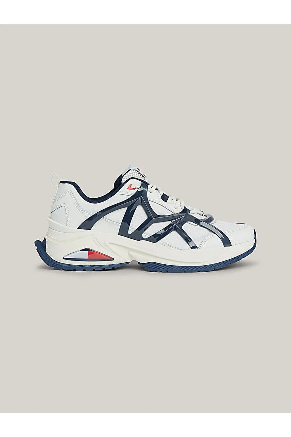 تامی هیلفیگر کفش کتانی مردانه طرح‌دار با کفی ضخیم و بنددار، لوگوی برند، سفید-آبی، EM0EM01385-0G1