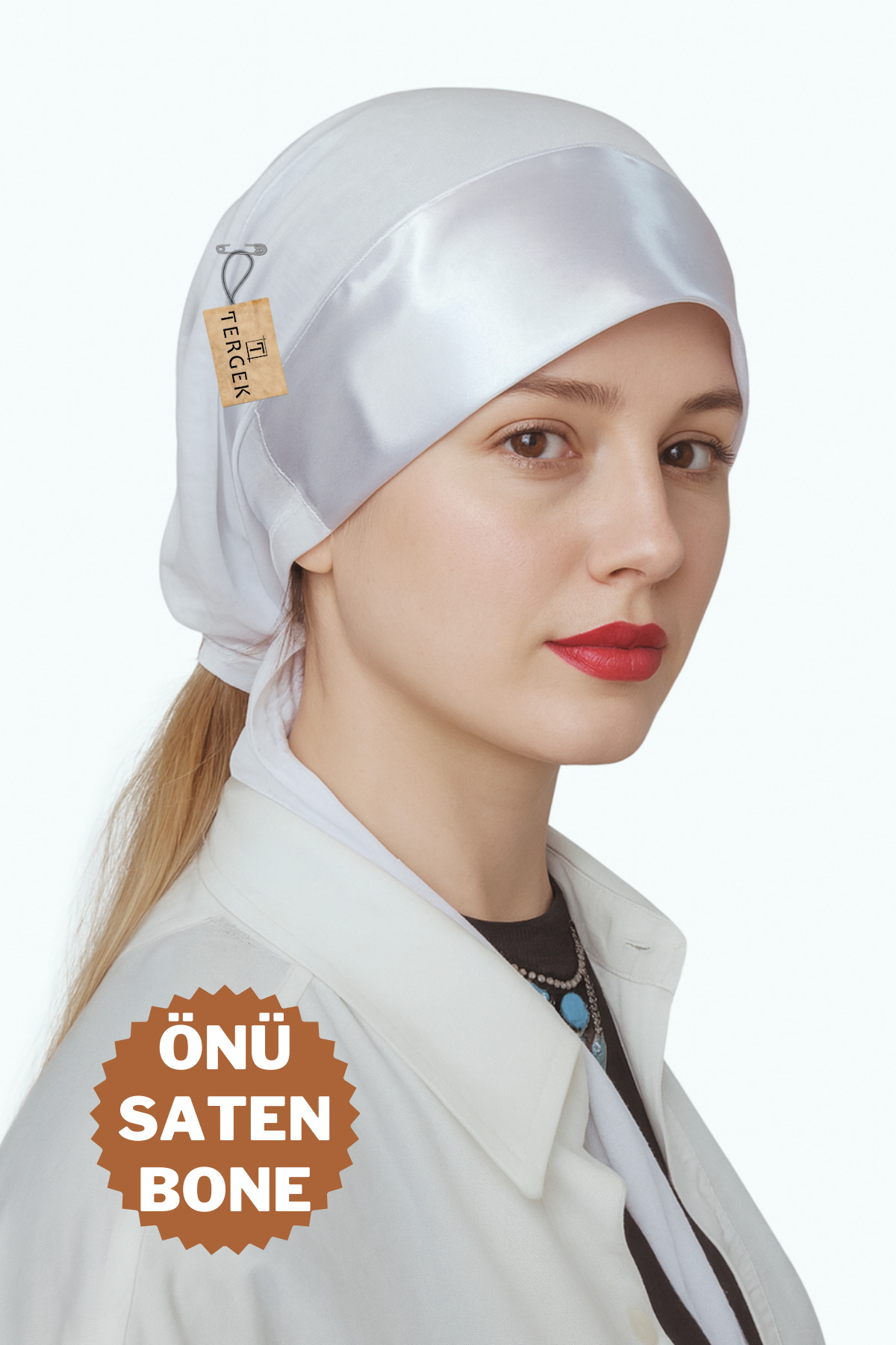 Satin Front Seamless Lace-up Stylish Bonnet White, Hijab Scarf Shawl Turban Bonnet