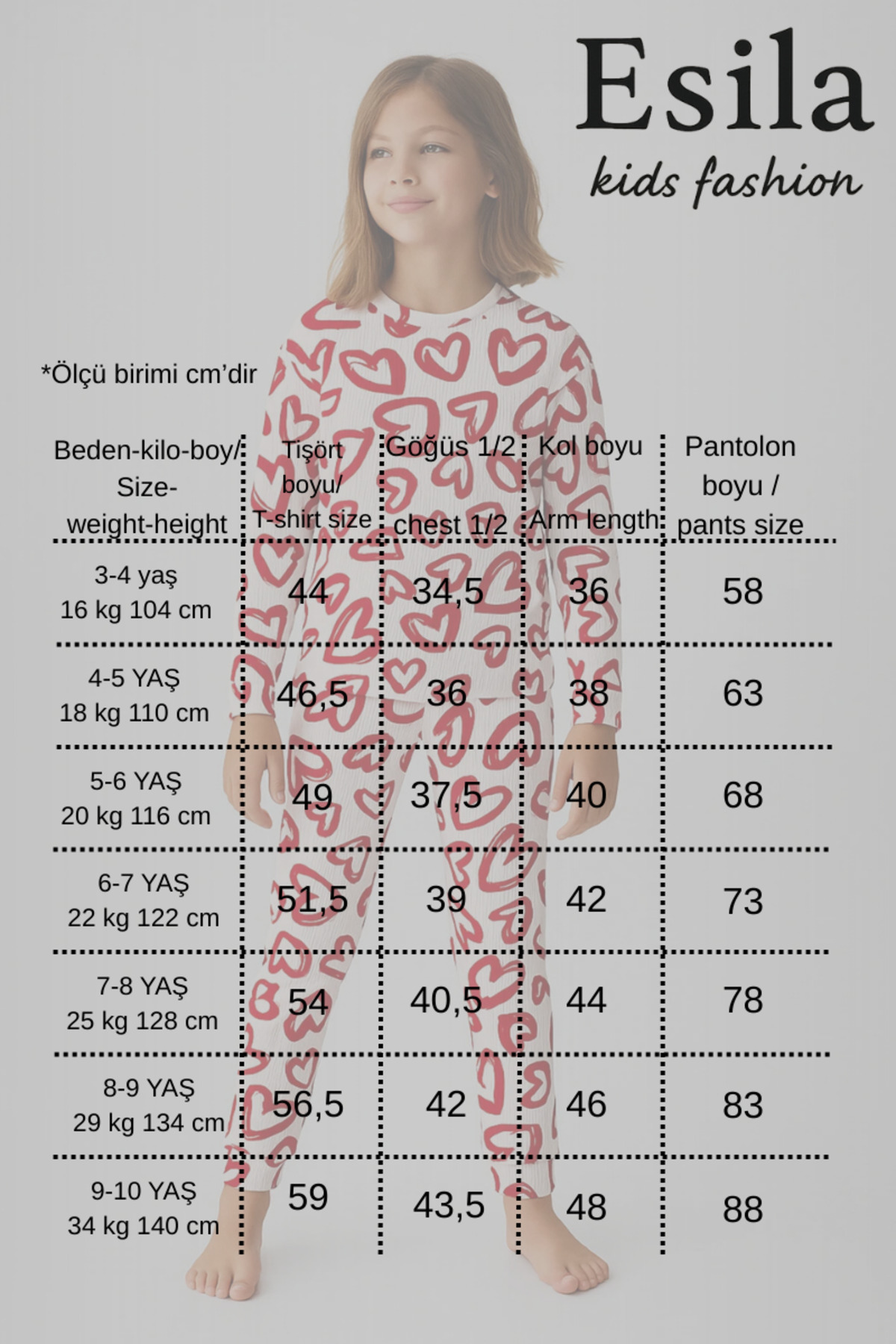 ESİLA KİDS Kız Çocuk Pijama Takımı Kalp Desenli Uzun Kollu Pamuklu 4-9 Yaş fotoğrafı 4 (önizleme)