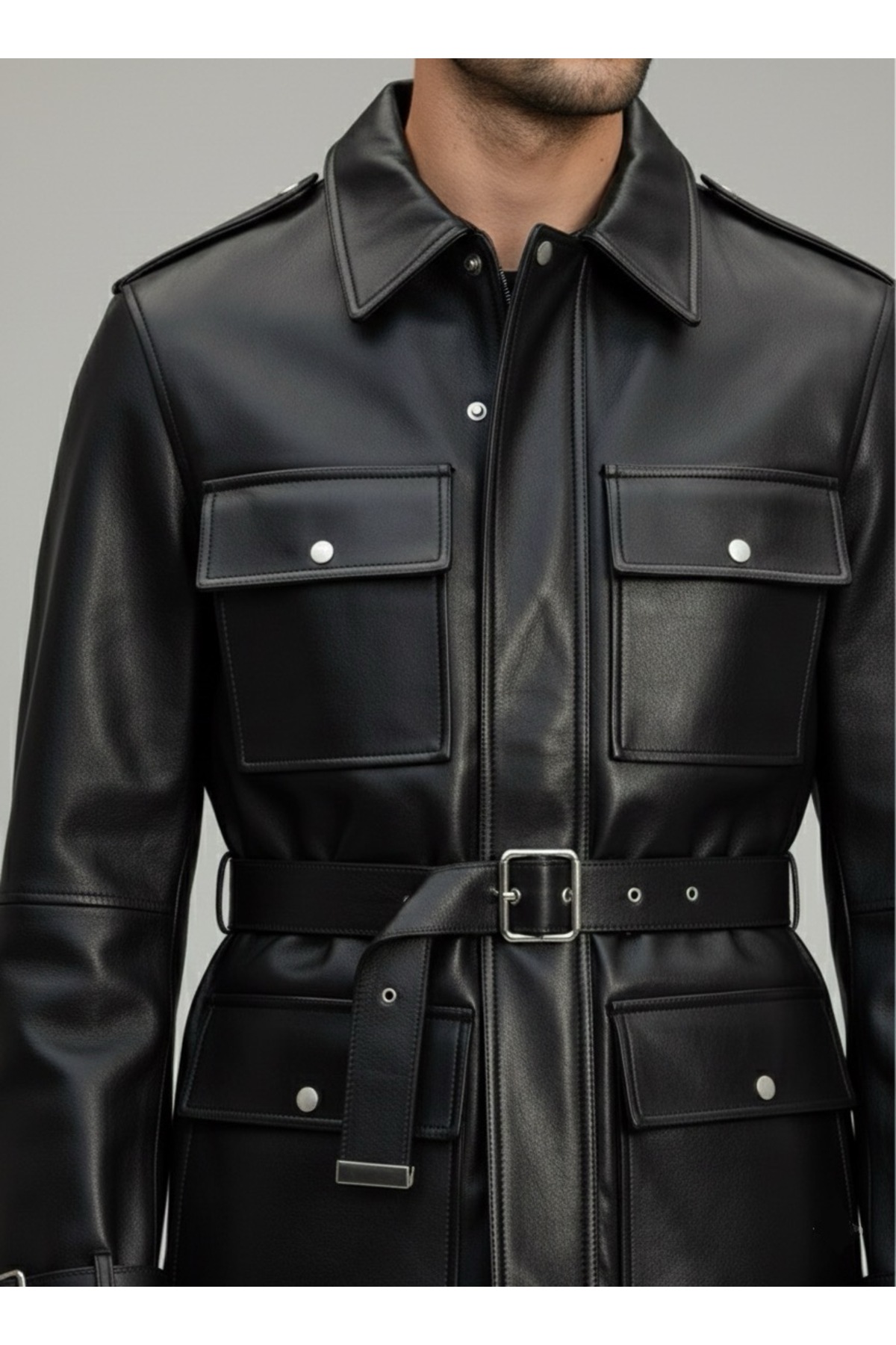 ژاکت PARKA چرمی کمربند — مشکی PRK