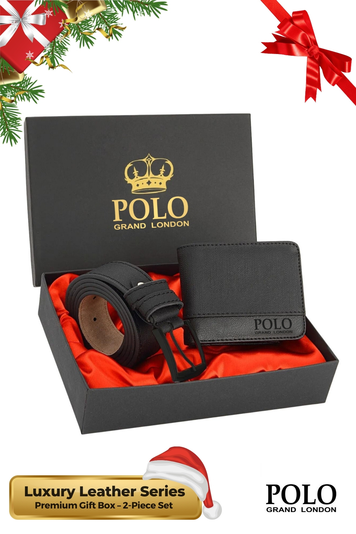 POLOGRAND London Orijinal Erkek Özel Hediye Kutulu 2'li Set Yılbaşı Christmas Damat Hediyelik Deri Kemer Cüzdan Seti