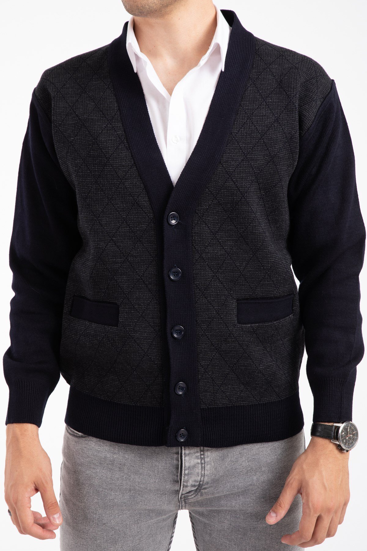 Mutlu City Erkek Orta Yaş ve Üzeri Triko Örgü Akrilik Kışlık Baba Hırka 2057-Lacivert-Düğmeli görsel 2