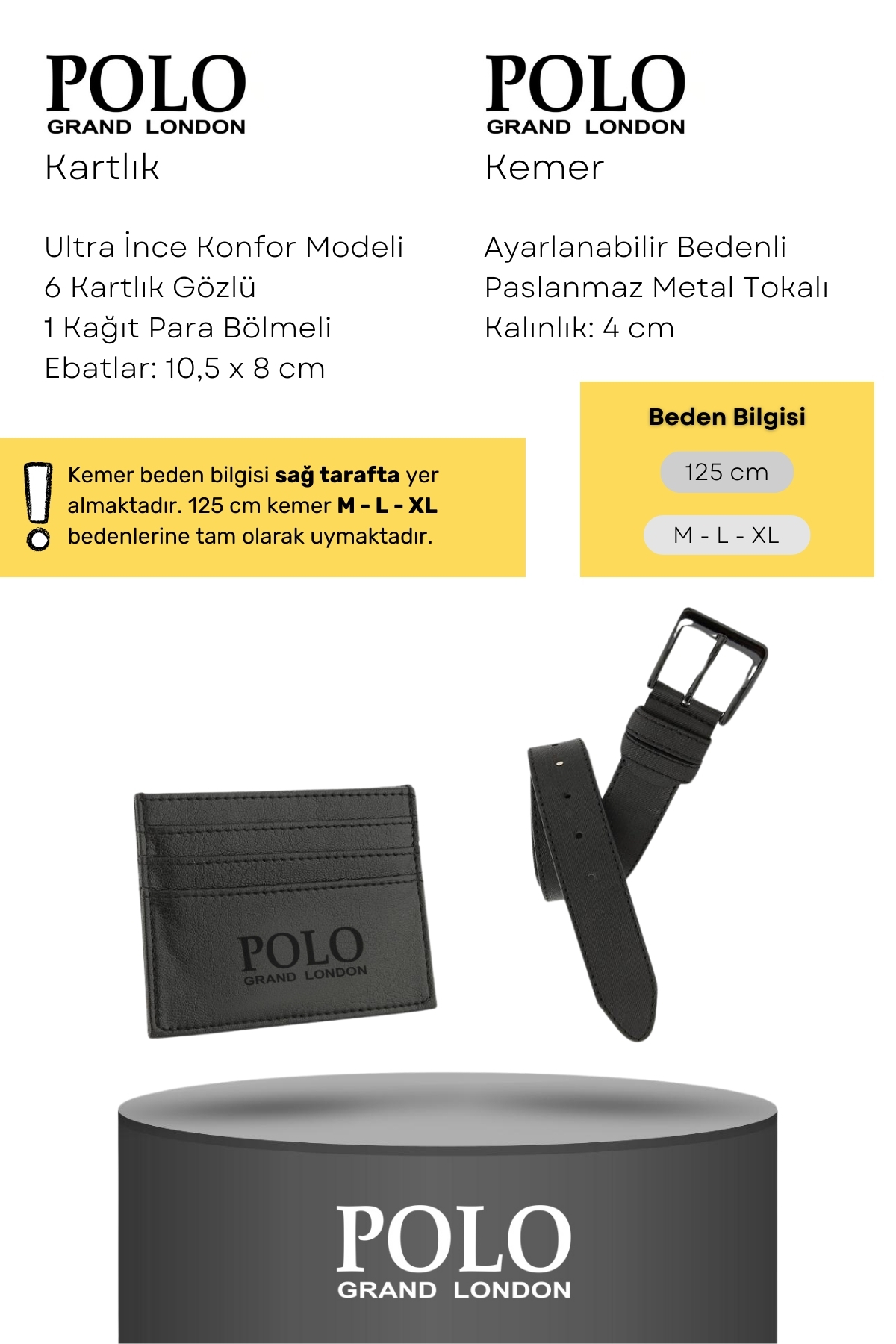 POLOGRAND London  Orijinal Erkek 5'li Hediye Kutulu Luxury Serisi Deri Kemer Cüzdan Kartlık Kol Düğmesi Parfüm Seti - Görsel 4