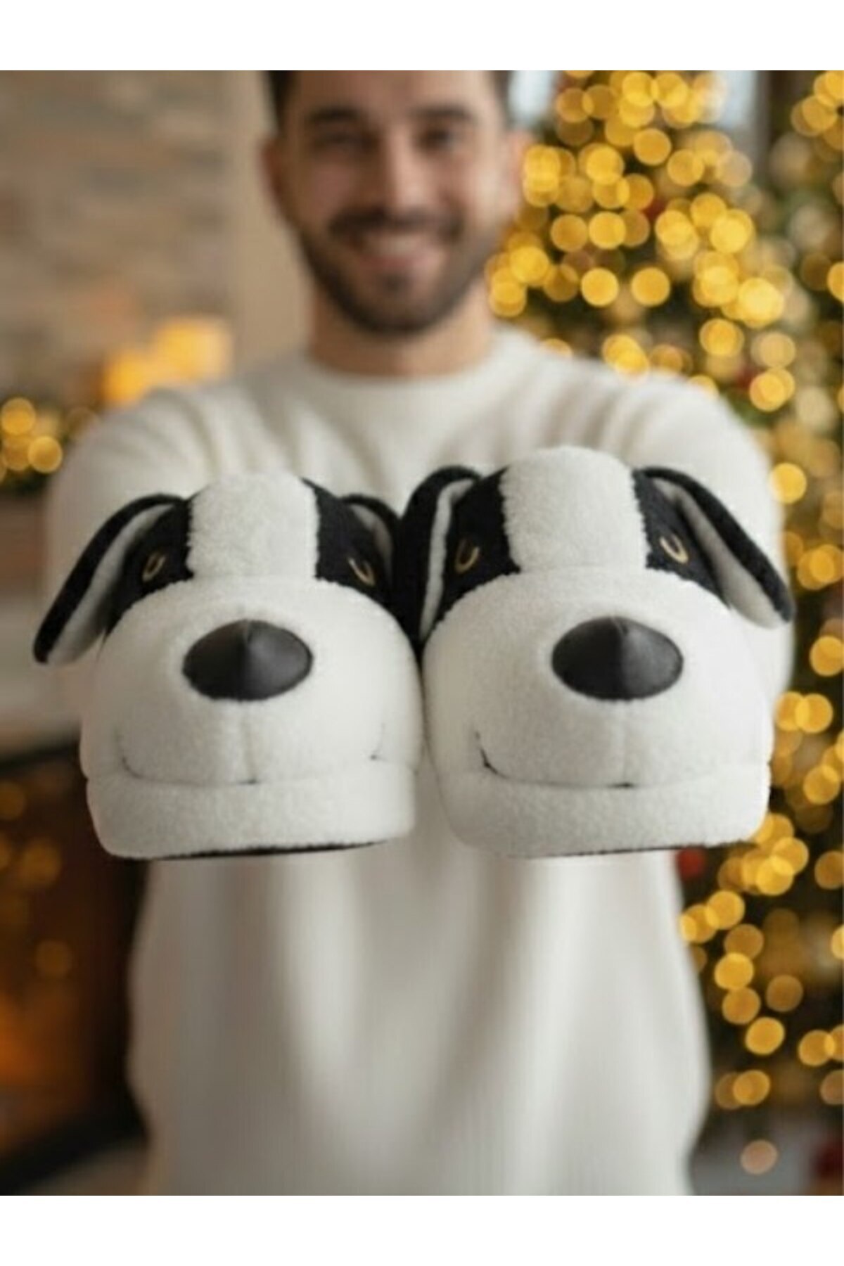 Lurji Erkek Peluş Siyah Köpek Figürlü Ev Pandufu– Sıcak, Yumuşak, Kaymaz Taban Konforlu Kışlık Panduf