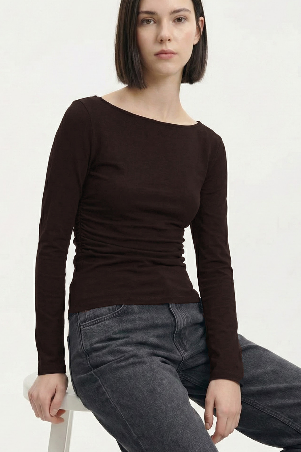 VODENS Kahve Büzgü Detaylı %100 Pamuk Uzun Kol Bluz