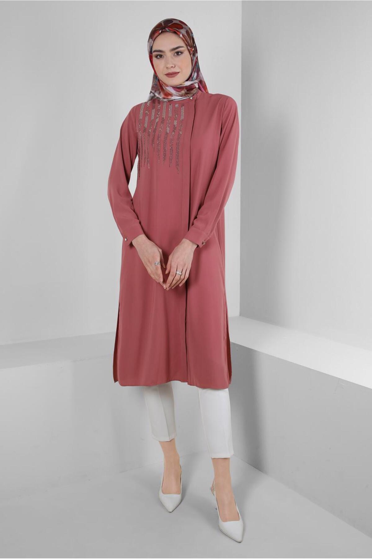 STONE EMBROIDERED SIDE SLIT LONG TUNIC 43521