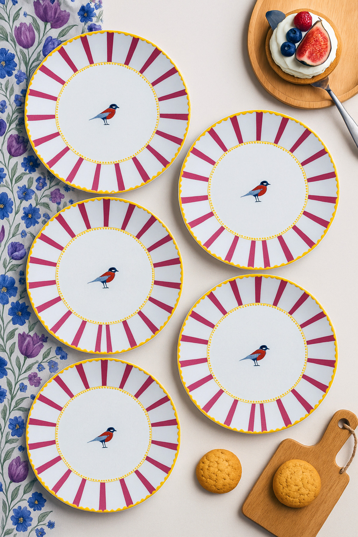 Bird Patterned Pink Striped 6-Piece Cake and Dessert Plate Set (20 CM) – Modern and Stylish Serving Plates