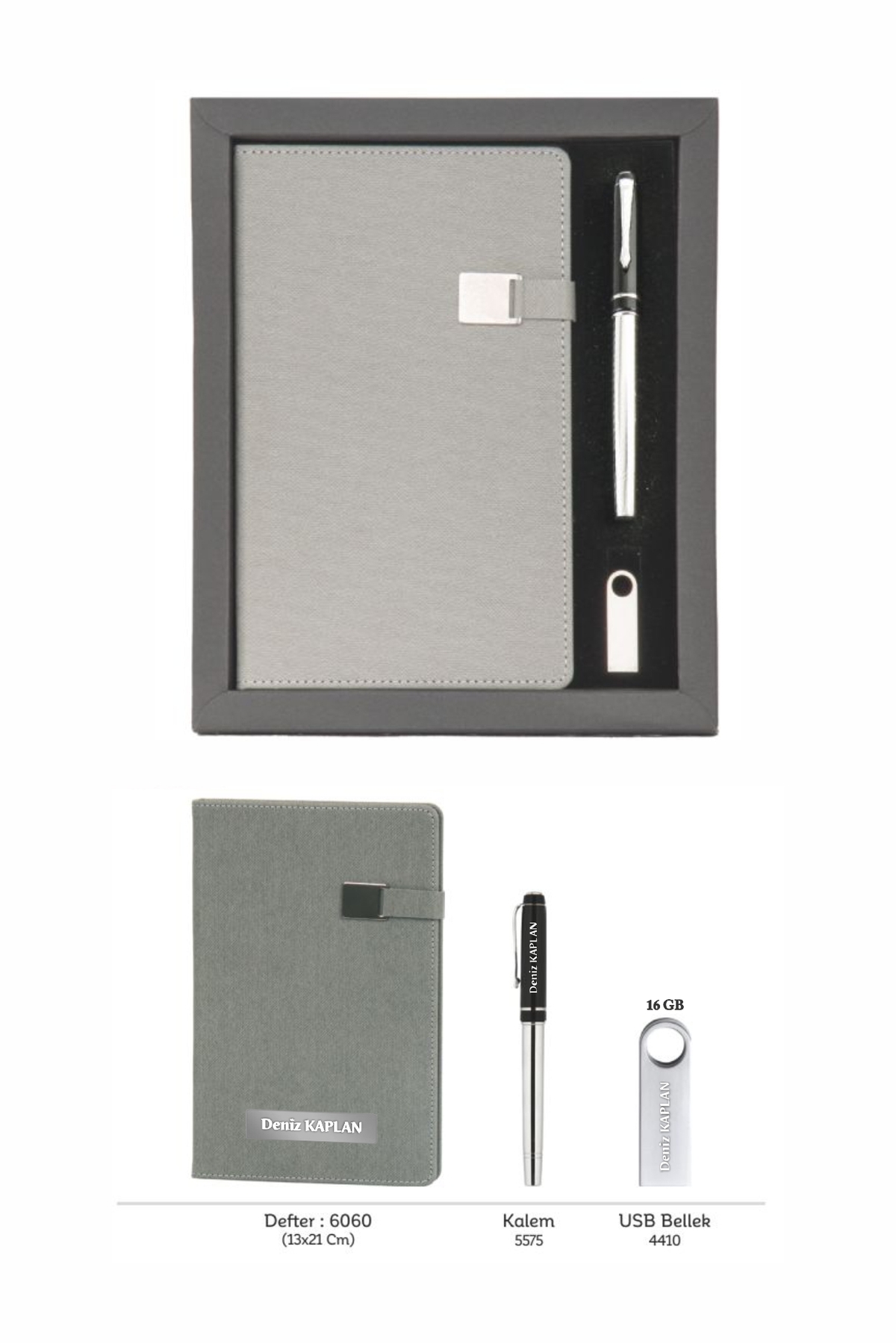 VIP Hediyelik Set - Defter, Kalem ve USB Bellek - (3’lü Kurumsal Hediye Seti) - 4080 GRİ