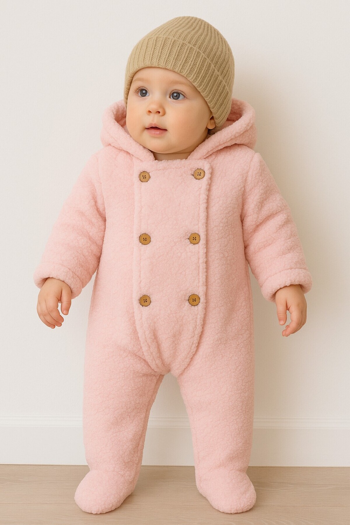 Chicsy Baby Kışlık Tatlı Welsoft Patikli Düğmeli Kulaklı Kapüşonlu Bebek Tulum fotoğrafı 2 (önizleme)