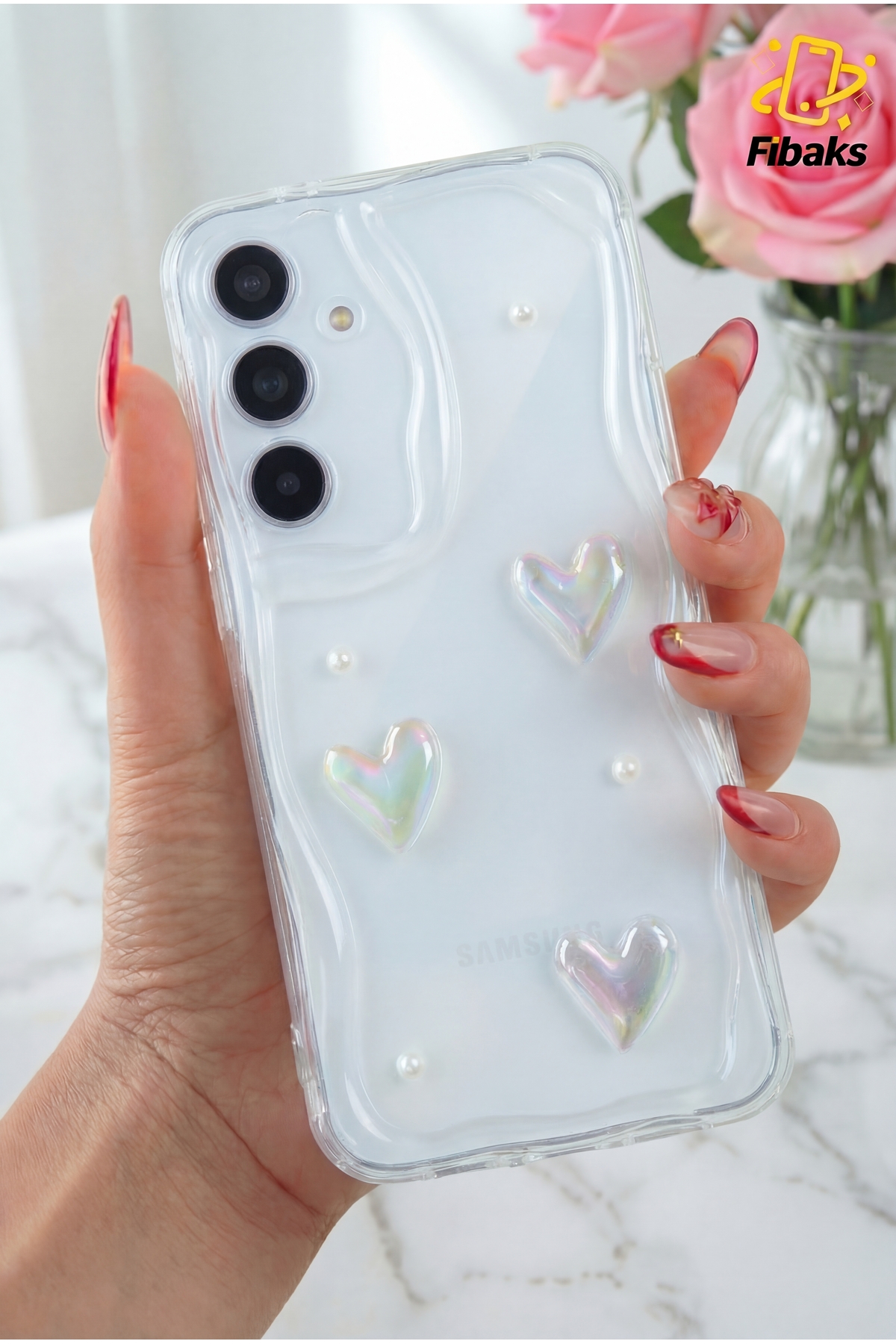 Galaxy A34 5G Case 3D Heart Pearl Design Patterned Camera Protected Transparent Silicone Cover