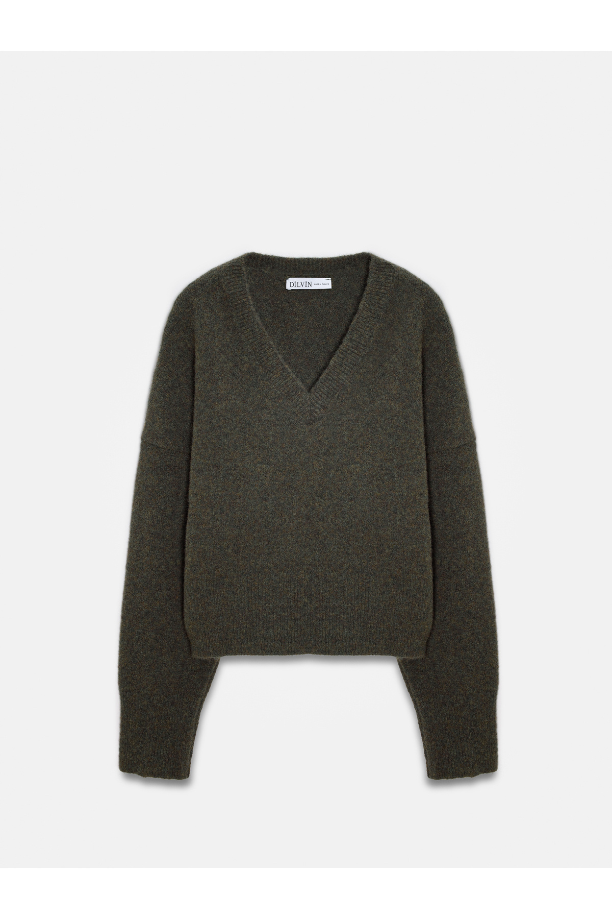 Dilvin 10645 V Yaka Yumuşak Dokulu Triko Kazak-Haki