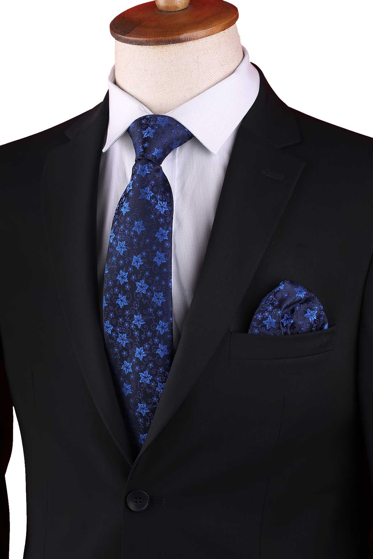  کراوات کلاسیک سرمه‌ای با دستمال جیبی طرح گلدار KK13141