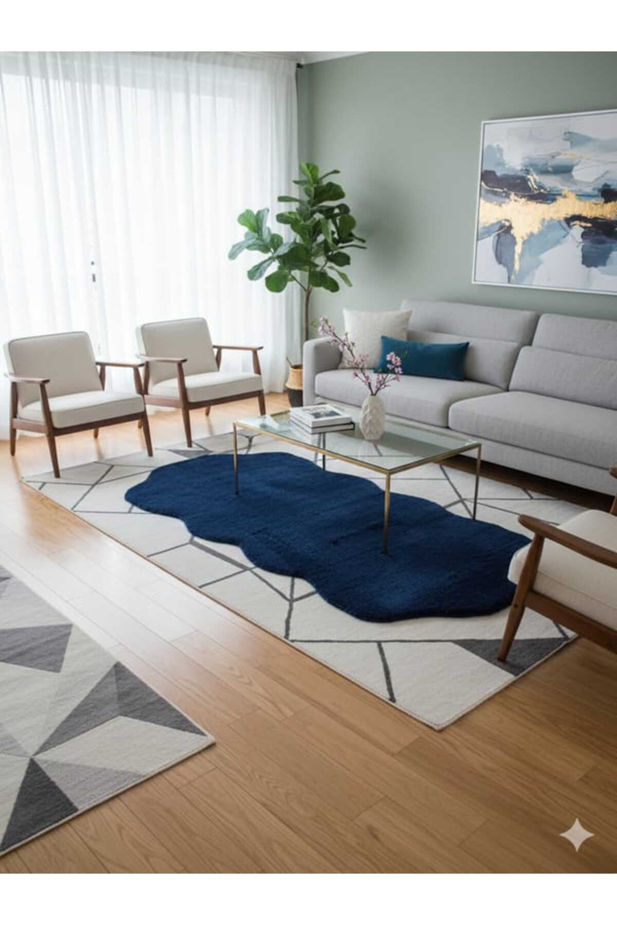 DOUBLE HEAD TAFŞAN KURK NEW GENERATION DARK BLUE OVAL MODERN POST PLUSH ANTI-SLIP CARPET HOME TEXTILE
