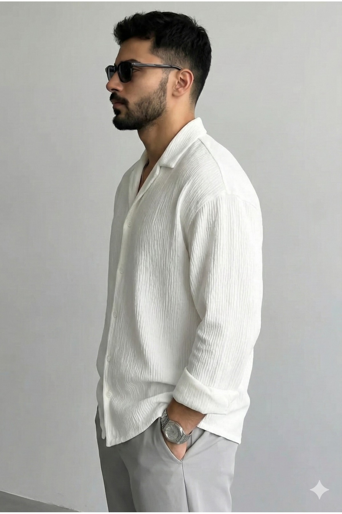 bb butik basic  Erkek Ütü İstemeyen Oversize kırık beyaz Bürümcük Gömlek BEYAZ - Görsel 4