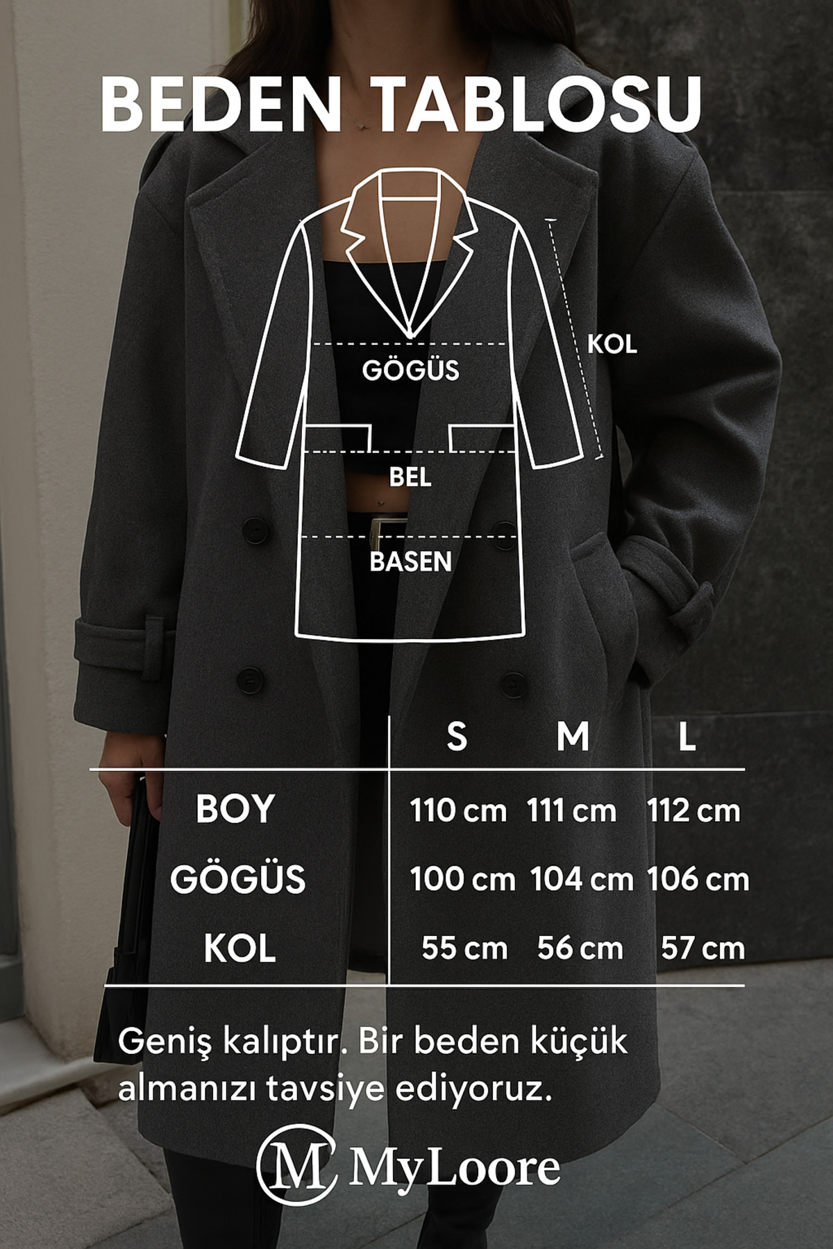 My Loore  Kadın Gri Oversize Kuşaklı Premium Kaşe Kaban | Geniş Kalıp & Cepli MLB077 - Görsel 3