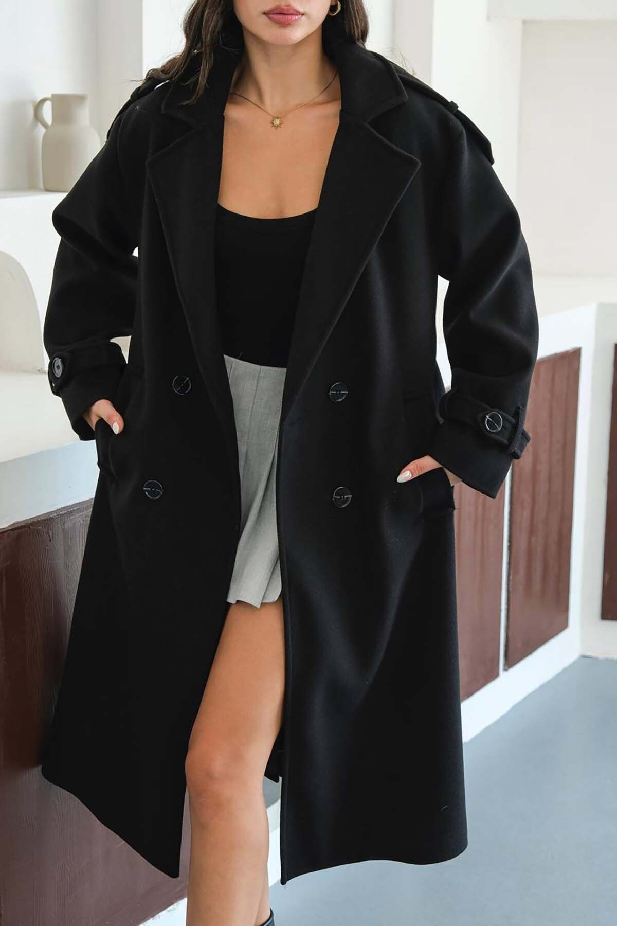 My Loore  Kadın Siyah Bağlama Detaylı Astarlı Salaş Kaşe Kaban MLB096 - Görsel 4