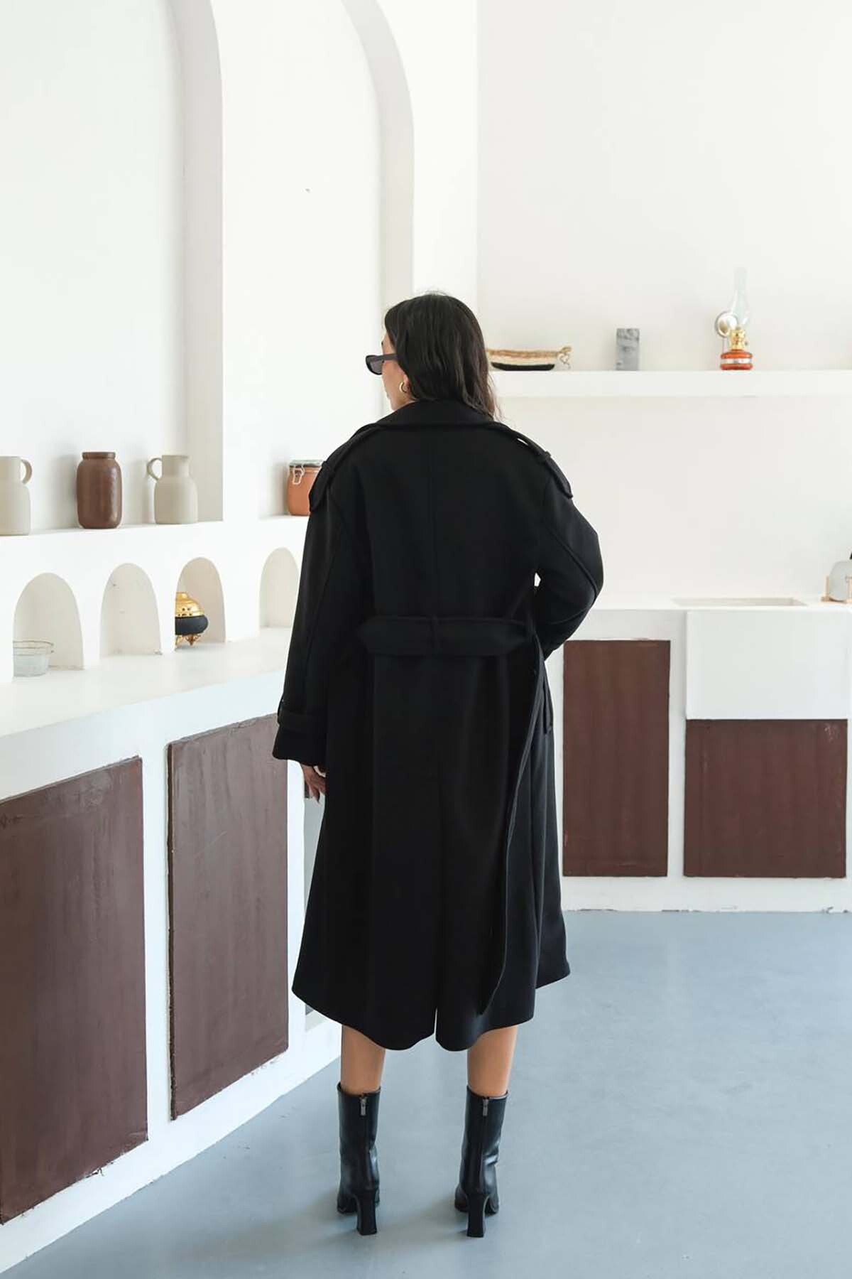 My Loore  Kadın Siyah Bağlama Detaylı Astarlı Salaş Kaşe Kaban MLB096 - Görsel 7