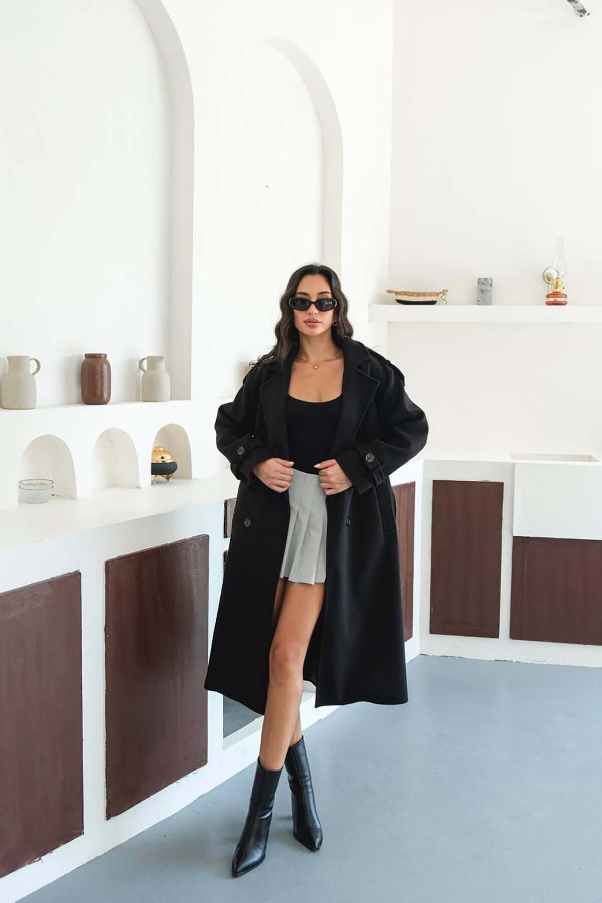 My Loore  Kadın Siyah Bağlama Detaylı Astarlı Salaş Kaşe Kaban MLB096 - Görsel 3