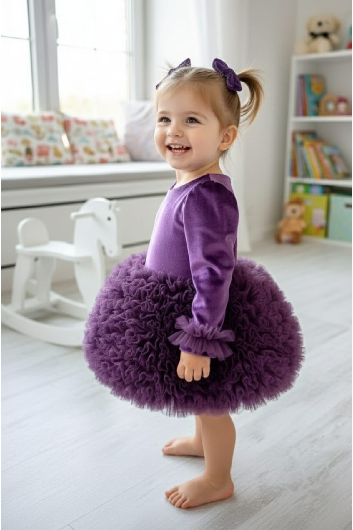 penu baby kids Mor Altı Tütü Etekli Kadife Uzun Kollu Kız Bebek Elbise fotoğrafı 2 (önizleme)