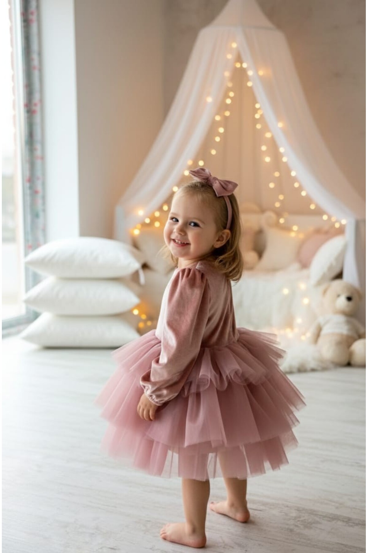 Dusty Rose Velvet Fabric Skirt Layered Baby Girl Girl Dress