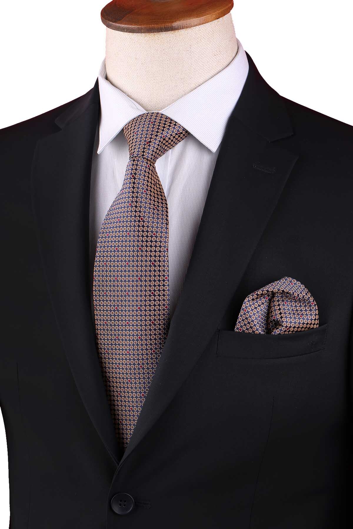  کراوات کلاسیک زرد با دستمال جیبی کوچک طرح‌دار KK13140