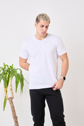 STOCX Erkek %100 Pamuk Slim Fit Dar Kesim V Yaka Basic Tişört
