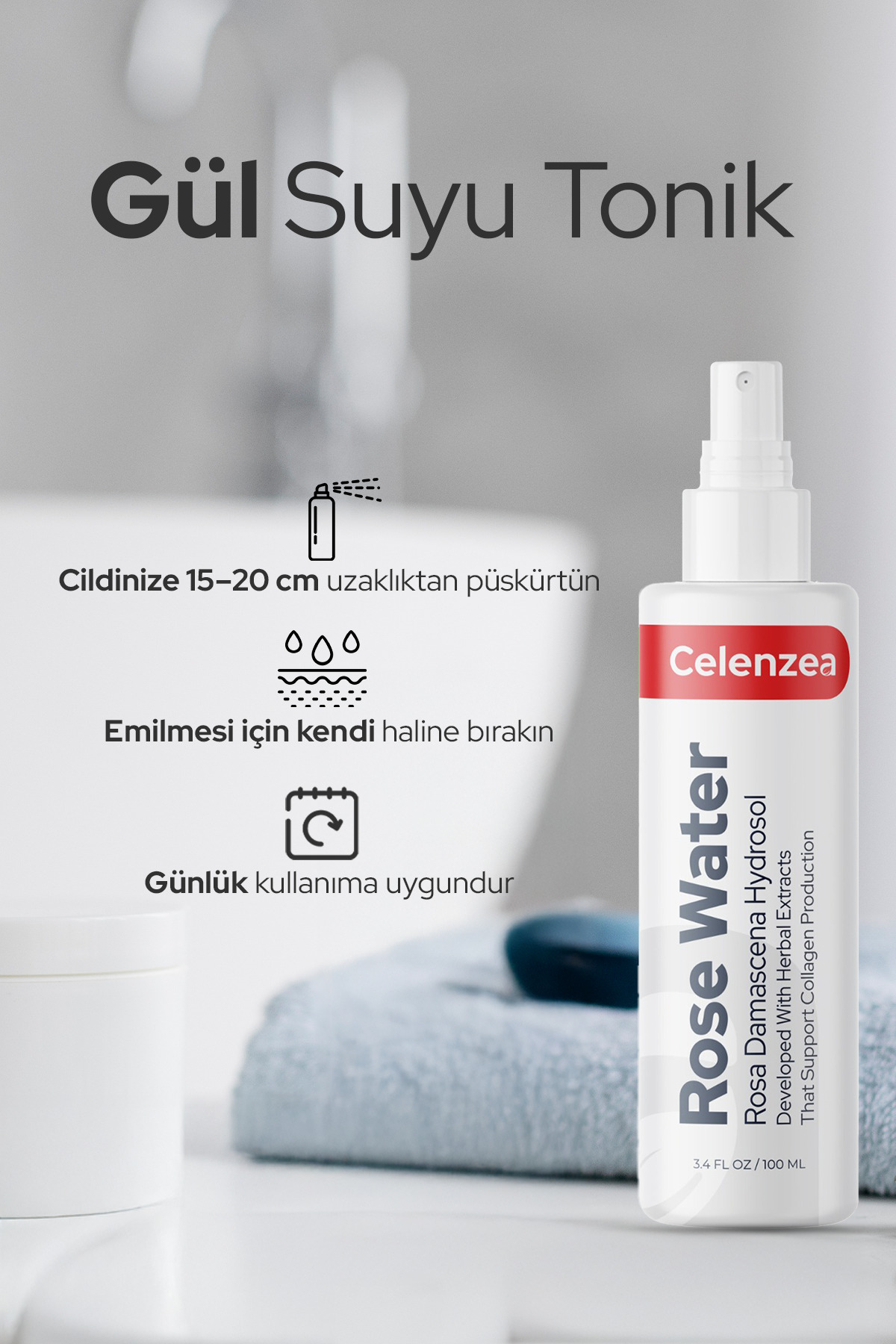 Gül Suyu Gözenek Sıkılaştırıcı Aydınlatıcı ve Tazeleyici Tonik Saf Gül Mayası Rose Water 100ml — AFLY100ML10 — تصویر 7 از 9