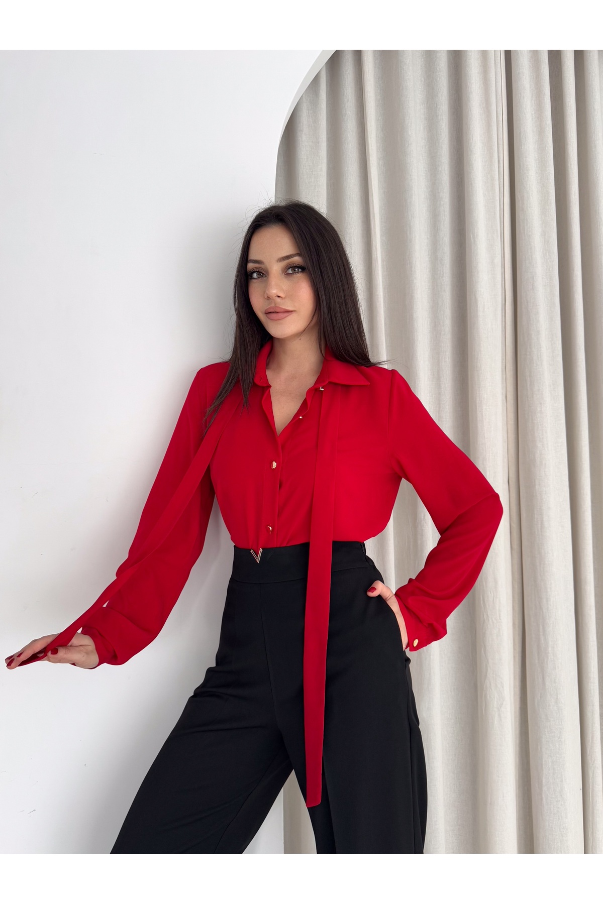 VUNTAL  Kravatlı Metal Düğmeli Şık Gömlek - Görsel 7