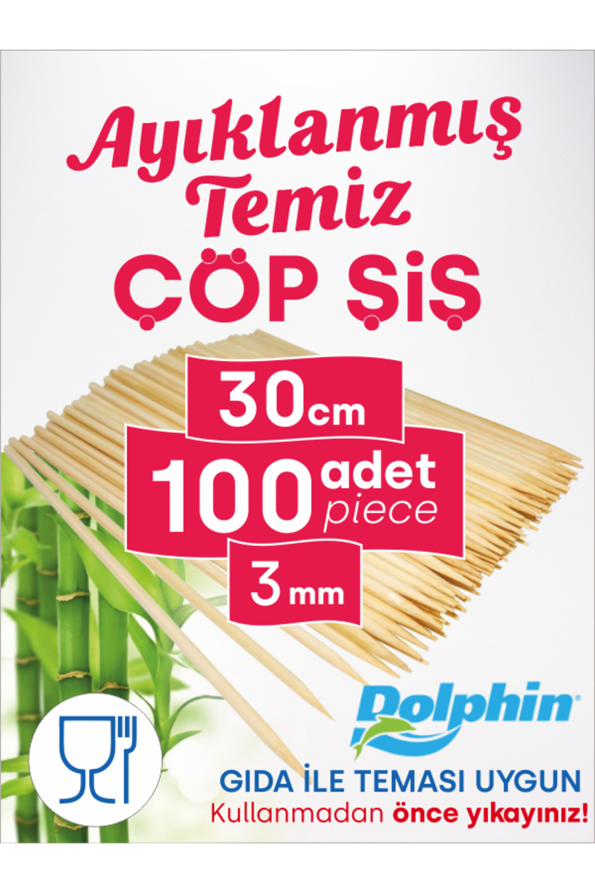 Dolphin Çöp Şiş 30 Cm, 100 Adet, 3 Mm - Adana, Urfa, Et, Tavuk, Sebze Kebap Yemekler Için Ahşap, Odun, Bambu
