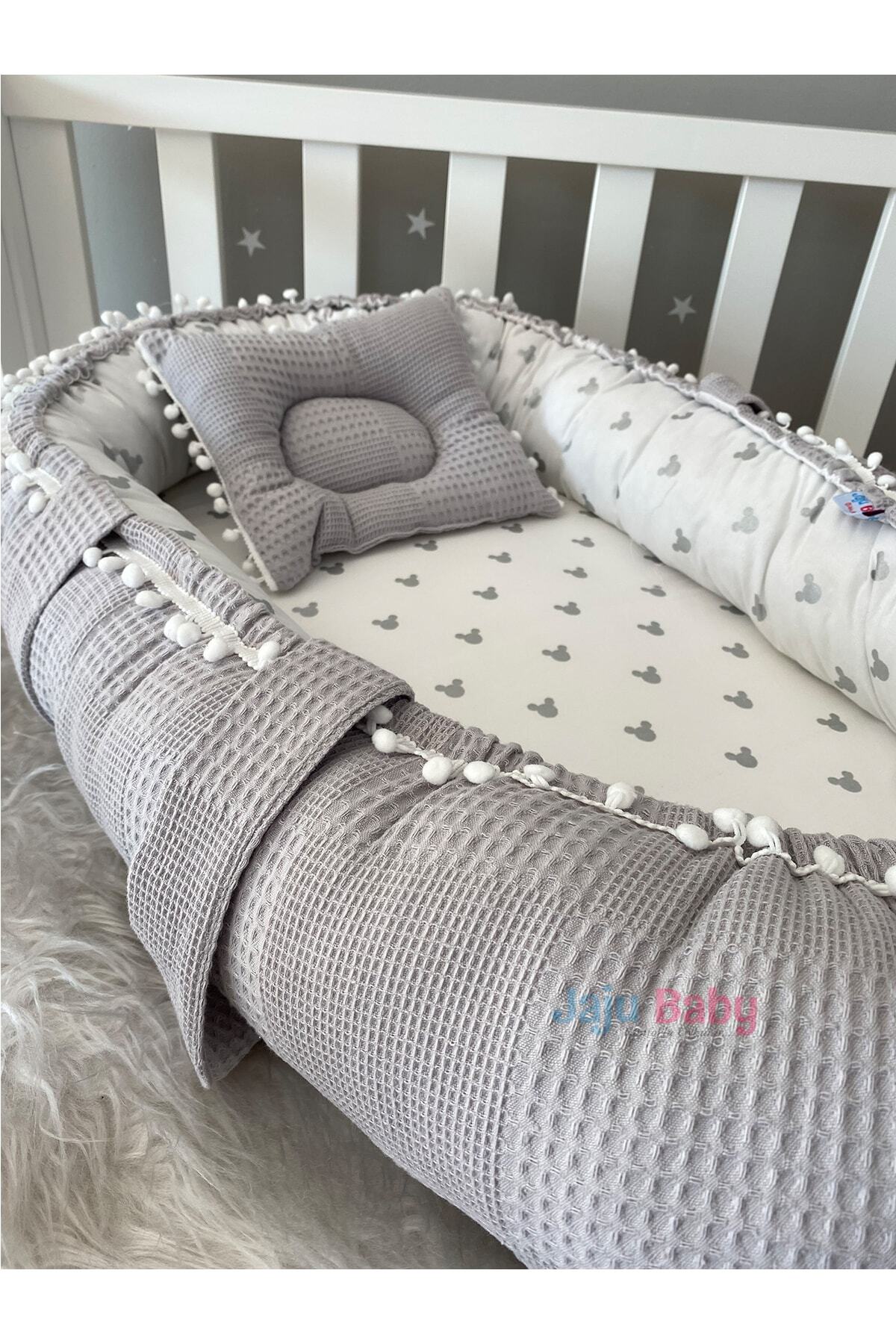 Jaju Baby Babynest Gri Waffle Pike Kumaş Micky Tasarım Ponponlu Nest fotoğrafı 4 (önizleme)