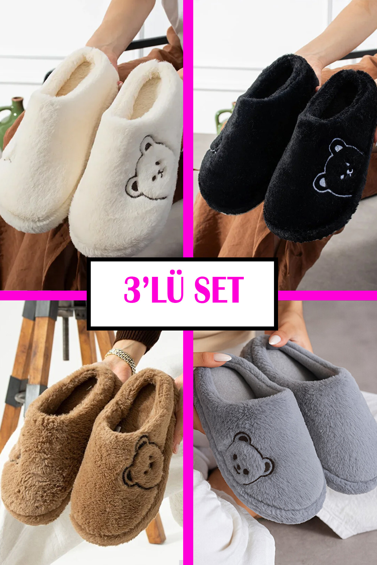 StWenn 3’lü Set Kışlık Peluş Ev Terliği Ayıcık Desenli Çeyiz Misafir Terliği Ses Yapmaz Ortopedik Taban görsel 3
