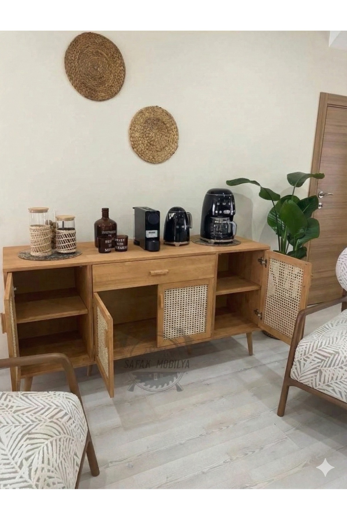 ŞafakMobilya Ahşap doğal bambu hazeranlı masif konsol büfe