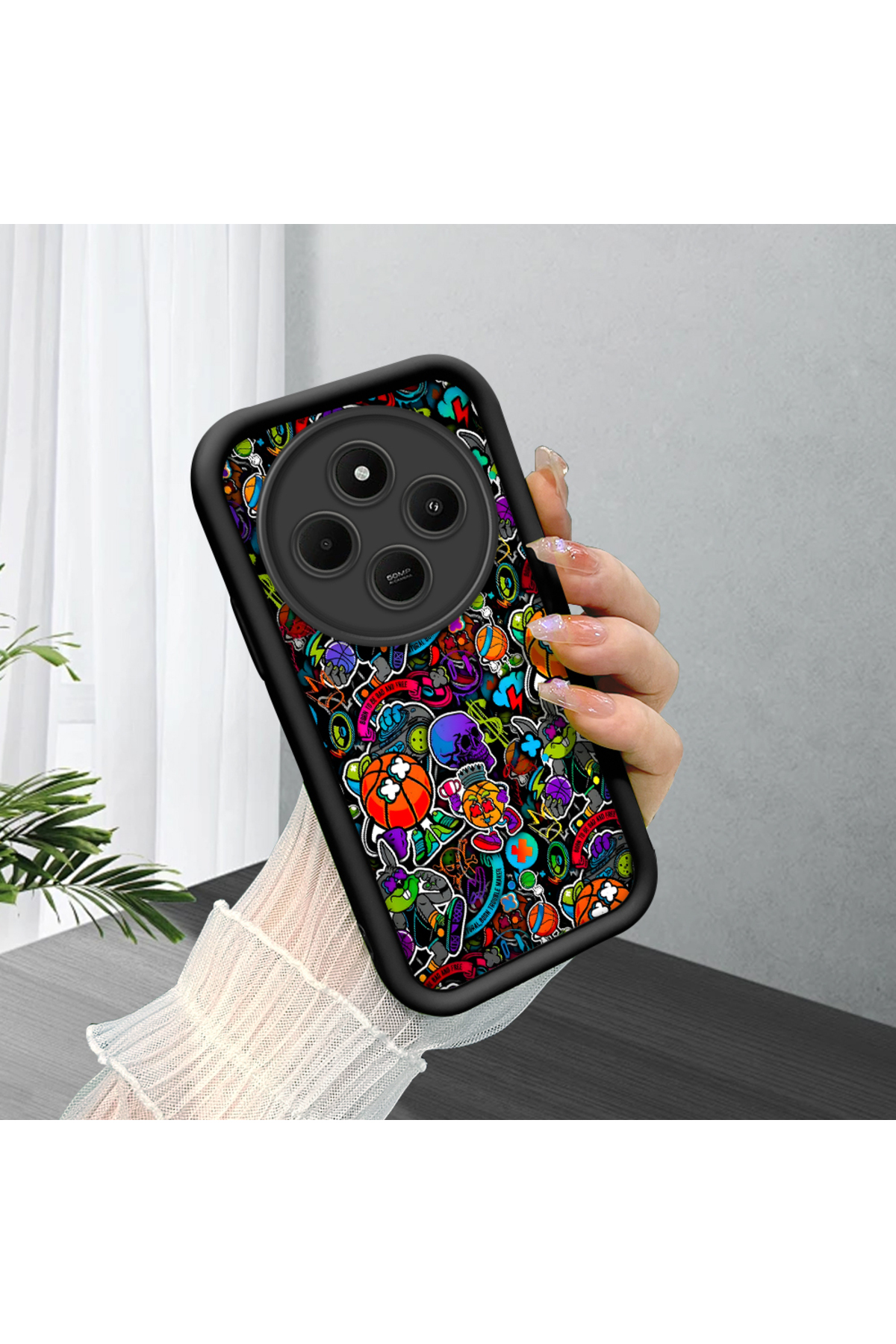Black Silicone Graffiti Patterned Lens Protection Phone Case for Xiaomi Redmi 14c Compatible