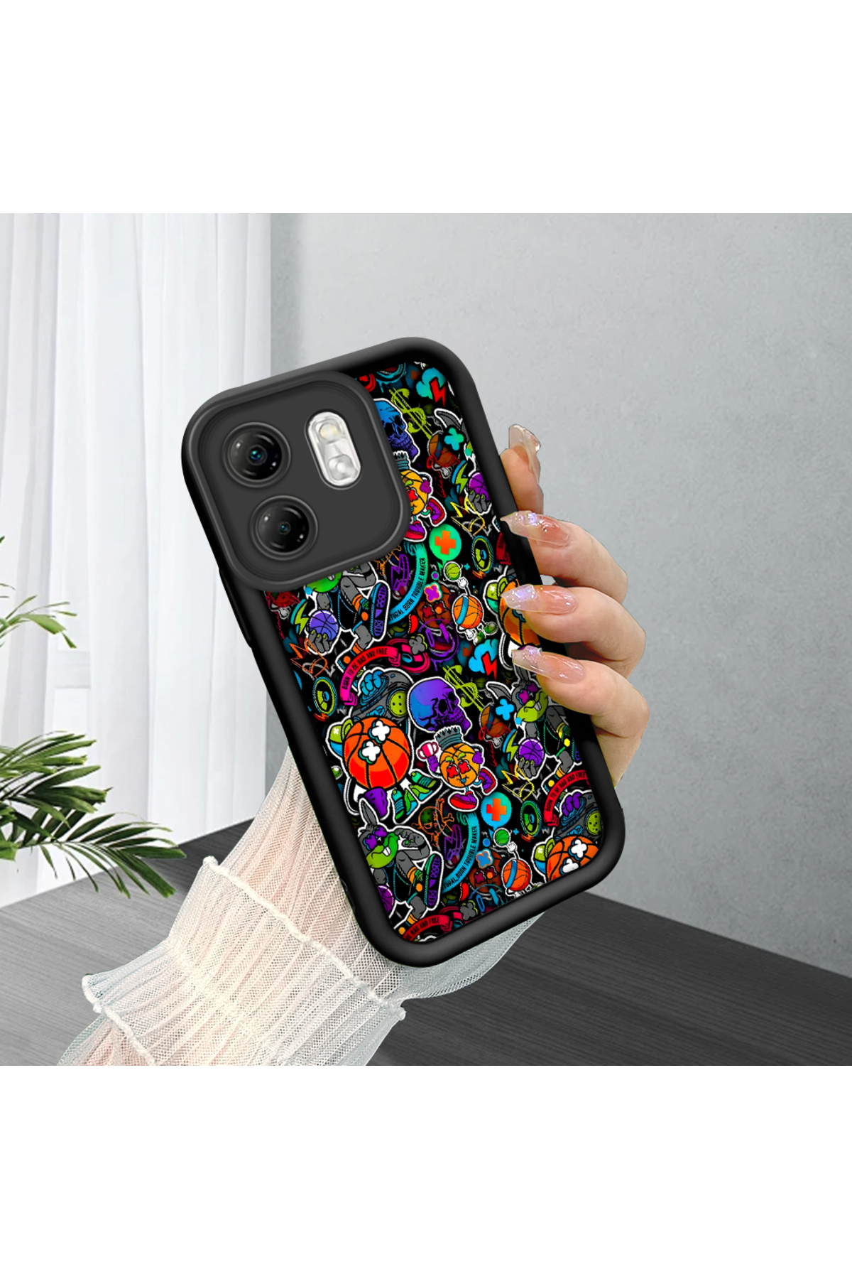 Infinix Smart 9 Compatible Black Silicone Graffiti Patterned Lens Protection Phone Case
