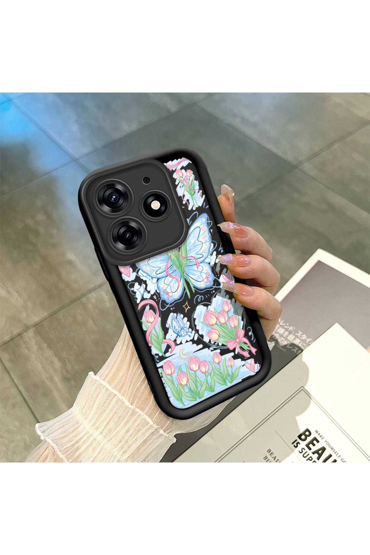 Tecno Spark 10 Pro 4G Compatible Black Silicone Zambaq and Butterfly Patterned Elegant Styles Phone Case