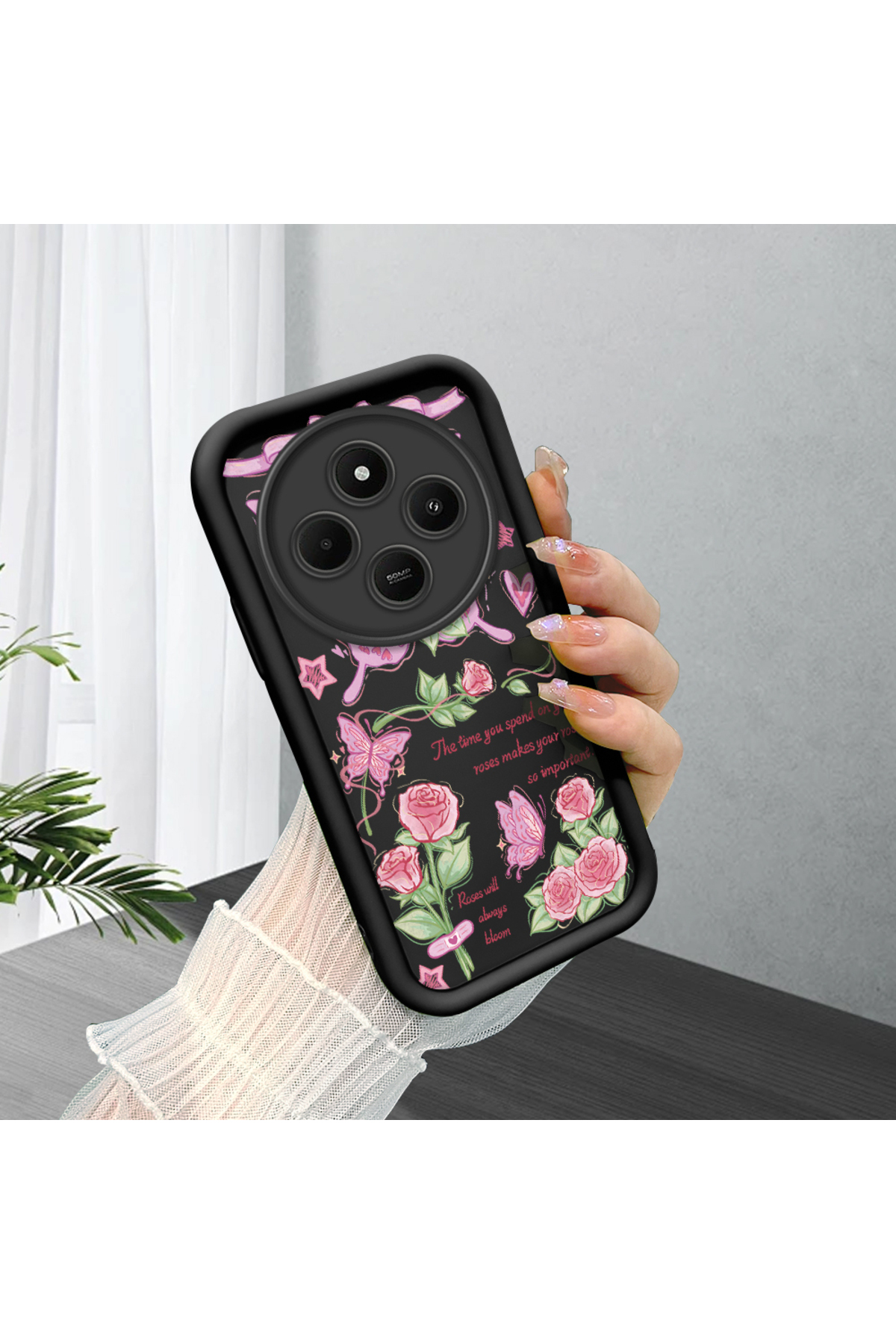 Redmi 14c Compatible Black Silicone Rose and Butterfly Patterned Elegant Phone Case