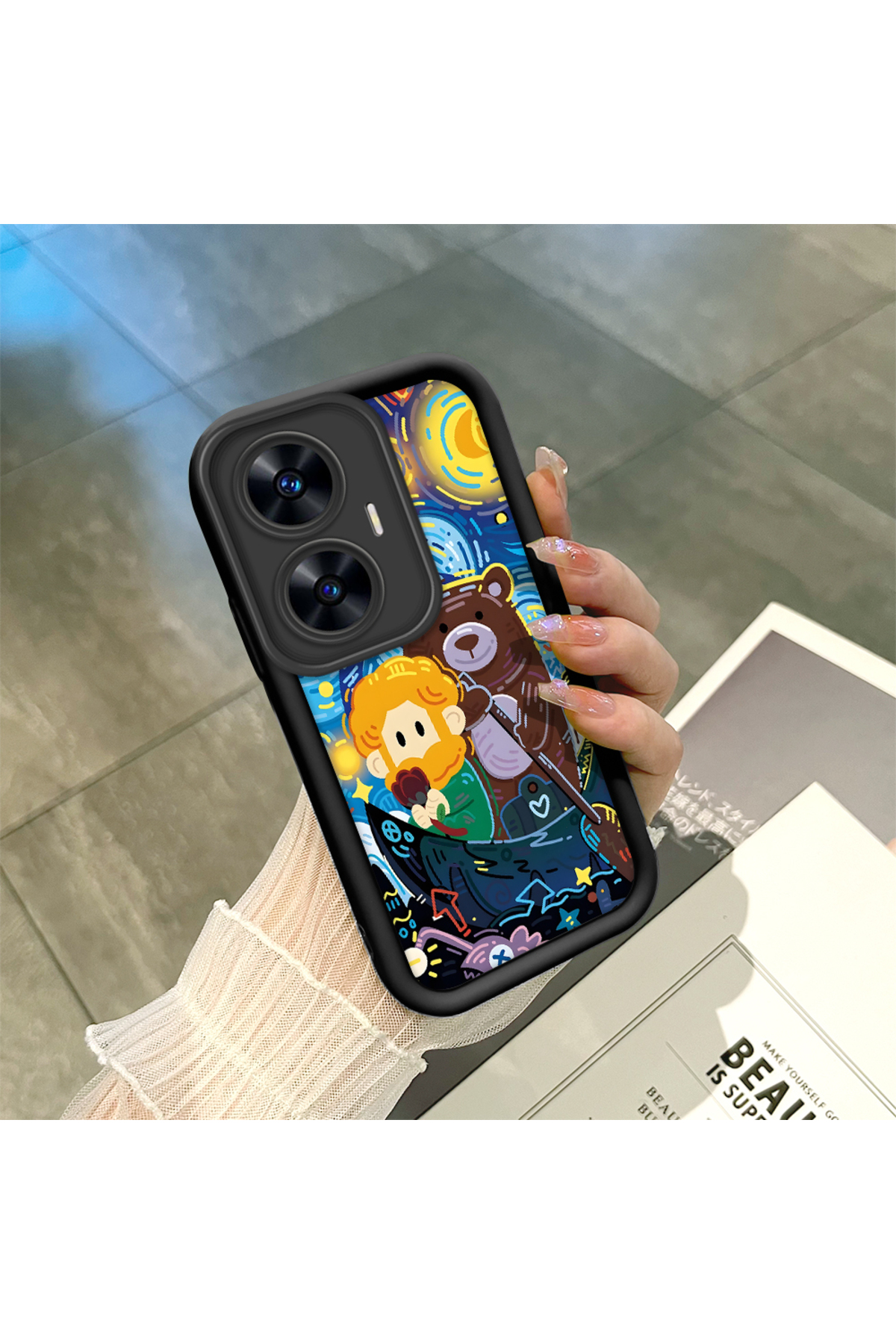 Realme C55 Compatible Black Silicone Van Gogh Star Night Pattern Anti-Slip Phone Case
