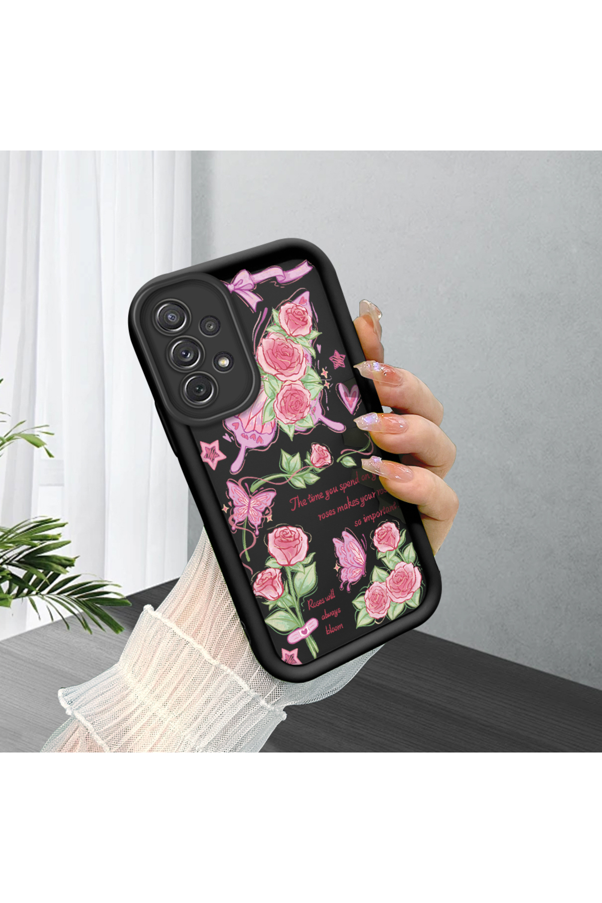 Samsung Galaxy A72 Compatible Black Silicone Rose and Butterfly Patterned Elegant Phone Case