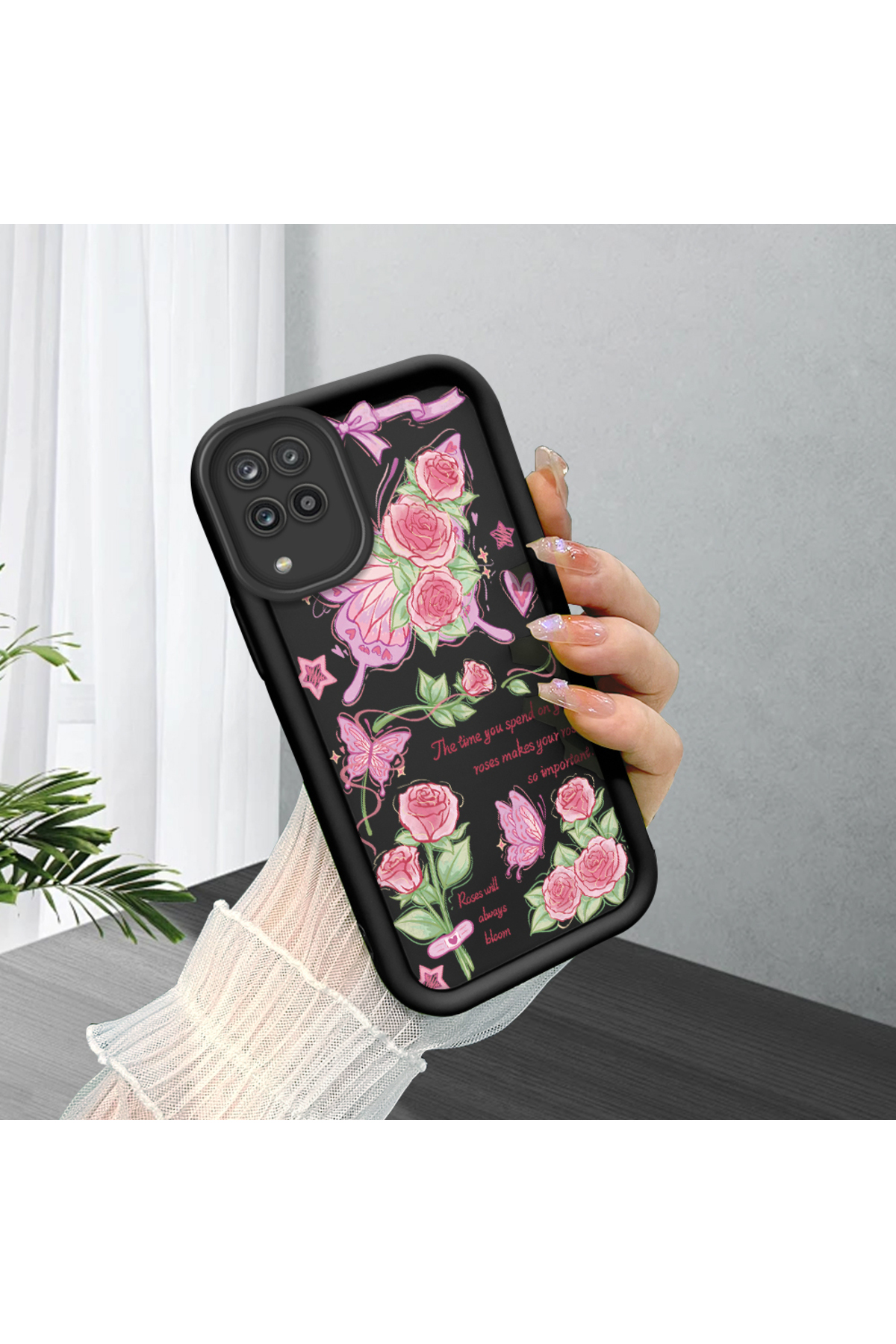 Samsung Galaxy M12 Compatible Black Silicone Rose and Butterfly Patterned Elegant Phone Case