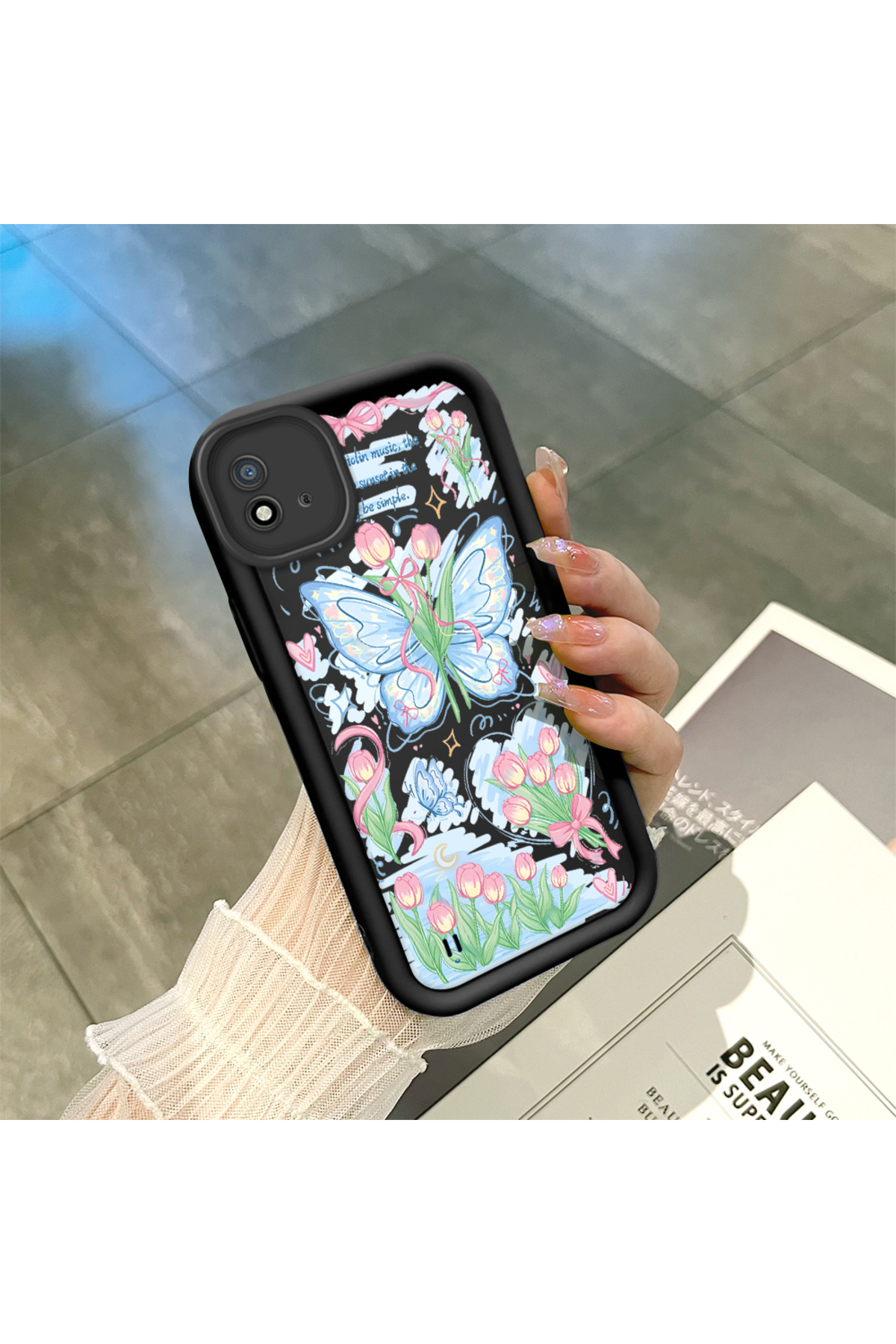 Realme C11 2021 Compatible Black Silicone Zambaq and Butterfly Patterned Elegant Styles Phone Case