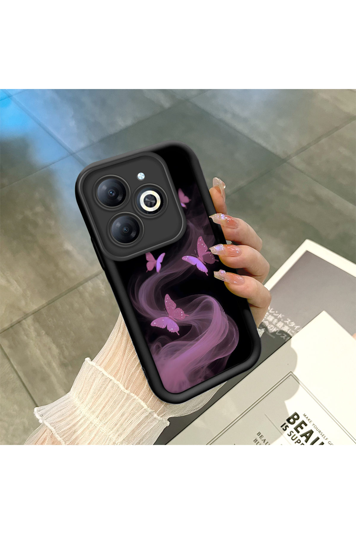 Tecno Spark 20c Compatible Black Silicone Cute Butterfly Pattern Lens Protection Phone Case