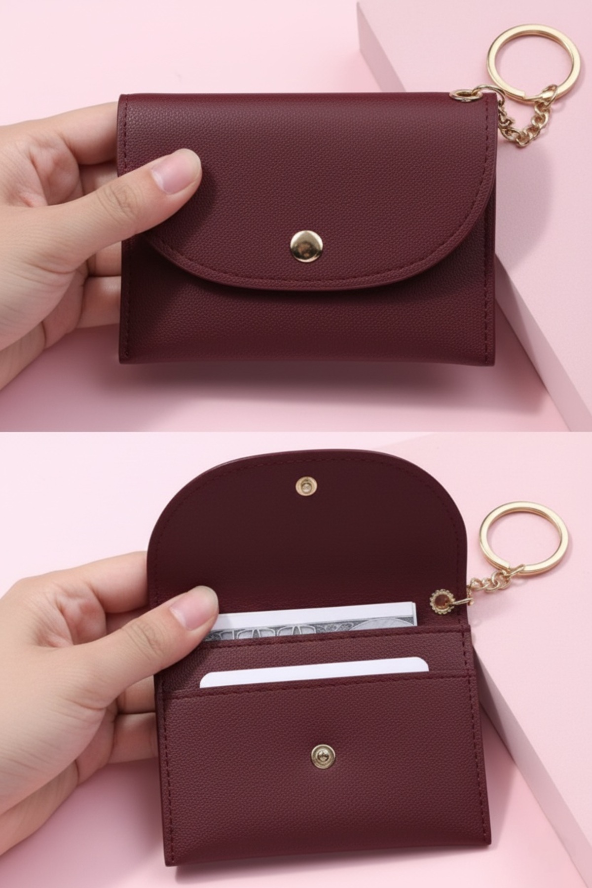 Defnella Bordo Çift Bölmeli Anahtarlıklı Mini Kredi Kartlık Cüzdan 10x7 Cm