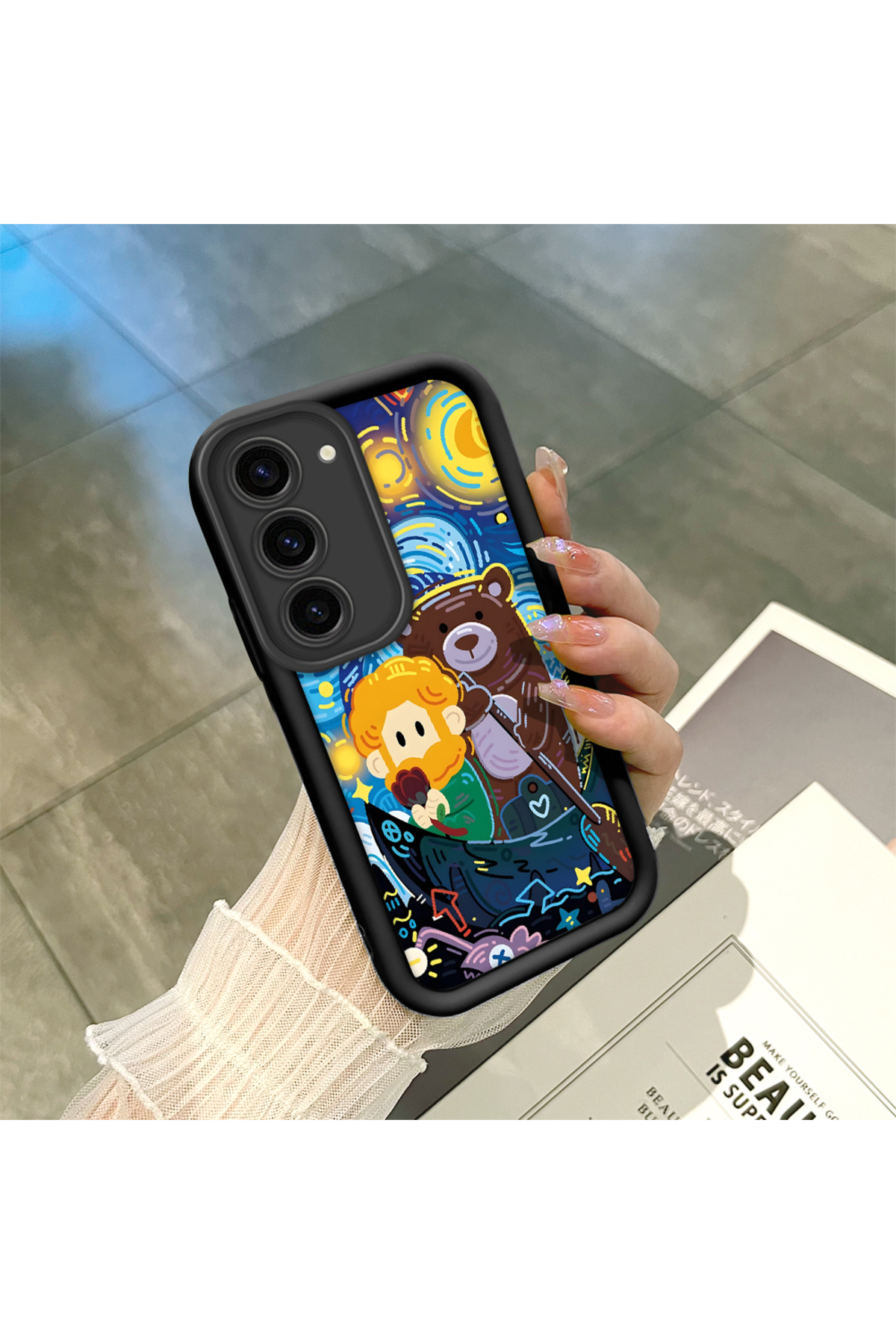 Samsung Galaxy S23 Compatible Black Silicone Van Gogh Star Night Pattern Anti-Slip Phone Case