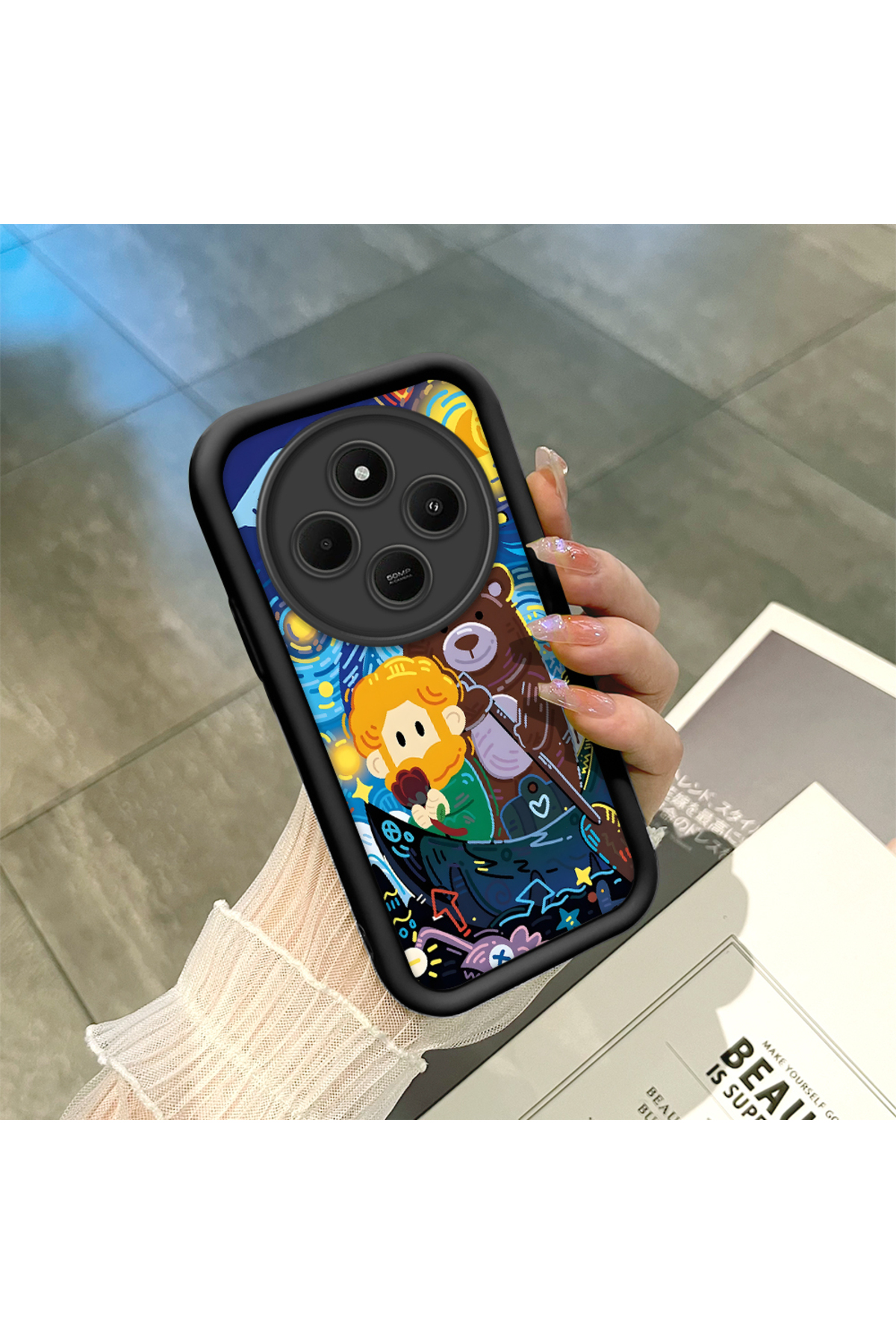 Xiaomi Redmi 14c Compatible Black Silicone Van Gogh Star Night Pattern Anti-Slip Phone Case