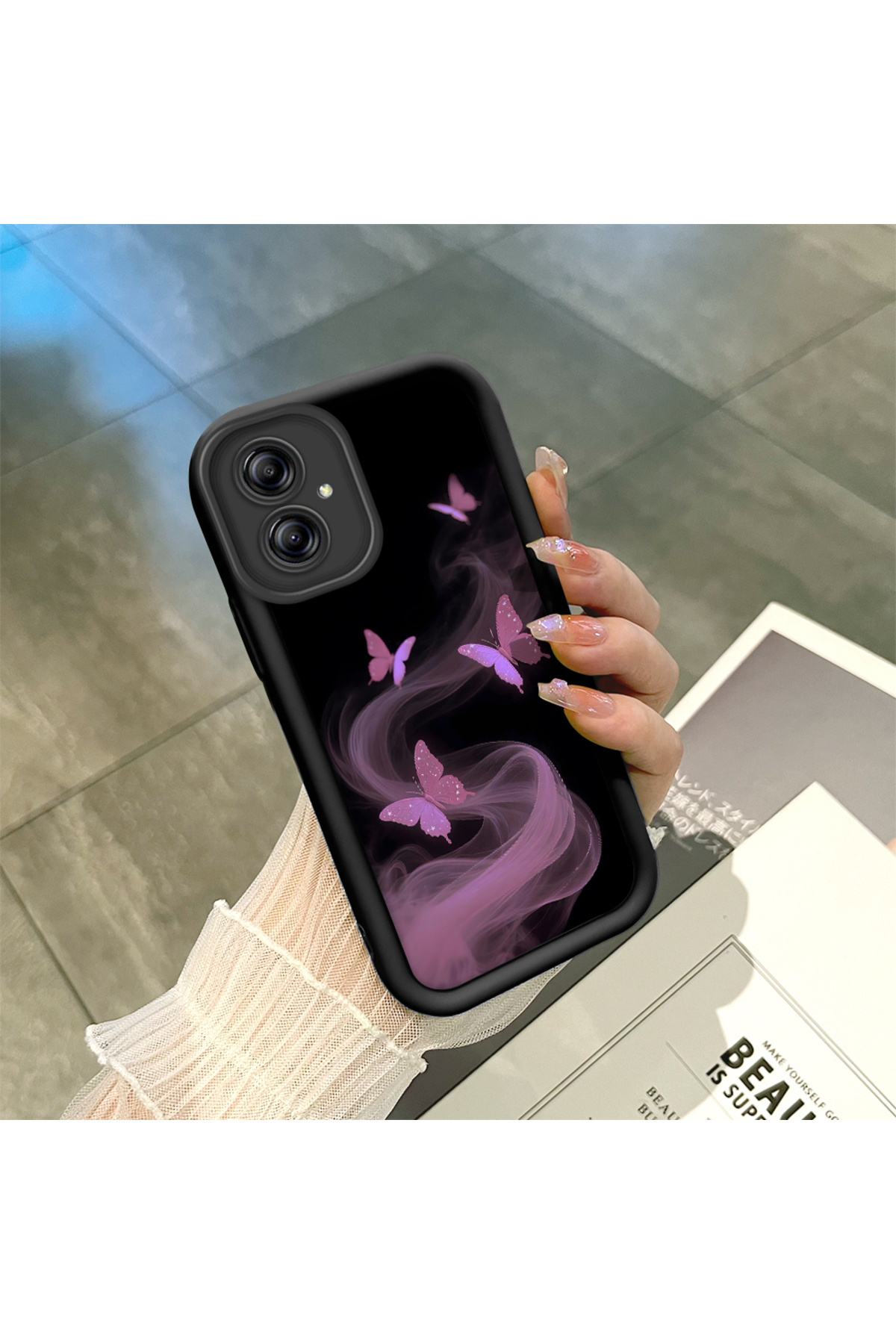 Samsung Galaxy A04e Compatible Black Silicone Cute Butterfly Pattern Lens Protection Phone Case
