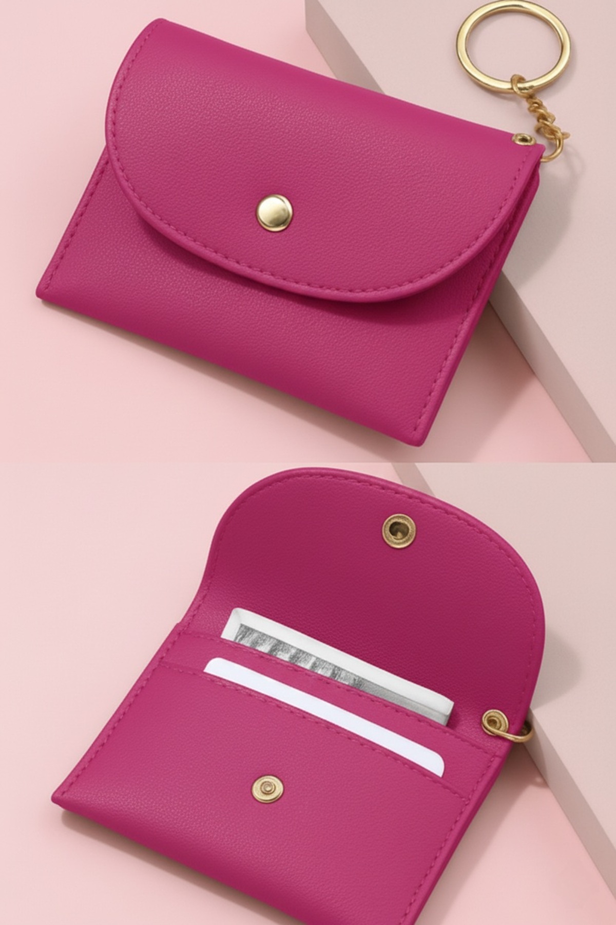 Defnella Fuşya Pembe Çift Bölmeli Anahtarlıklı Mini Kredi Kartlık Cüzdan 10x7 Cm