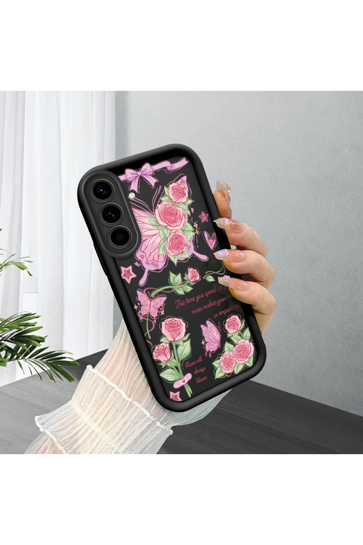 Samsung Galaxy A56 Compatible Black Silicone Rose and Butterfly Patterned Elegant Phone Case