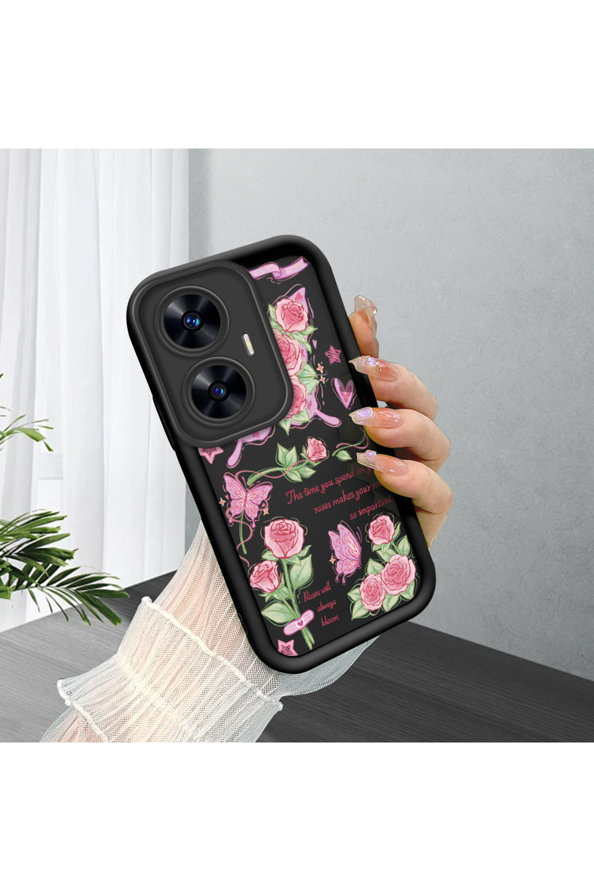 Realme C55 Compatible Black Silicone Rose and Butterfly Patterned Elegant Phone Case