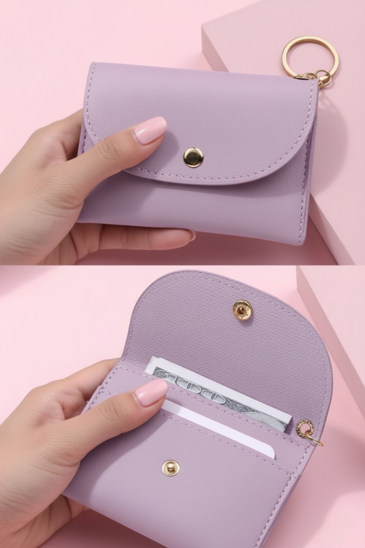 Defnella Lila Çift Bölmeli Anahtarlıklı Mini Kredi Kartlık Cüzdan 10x7 Cm