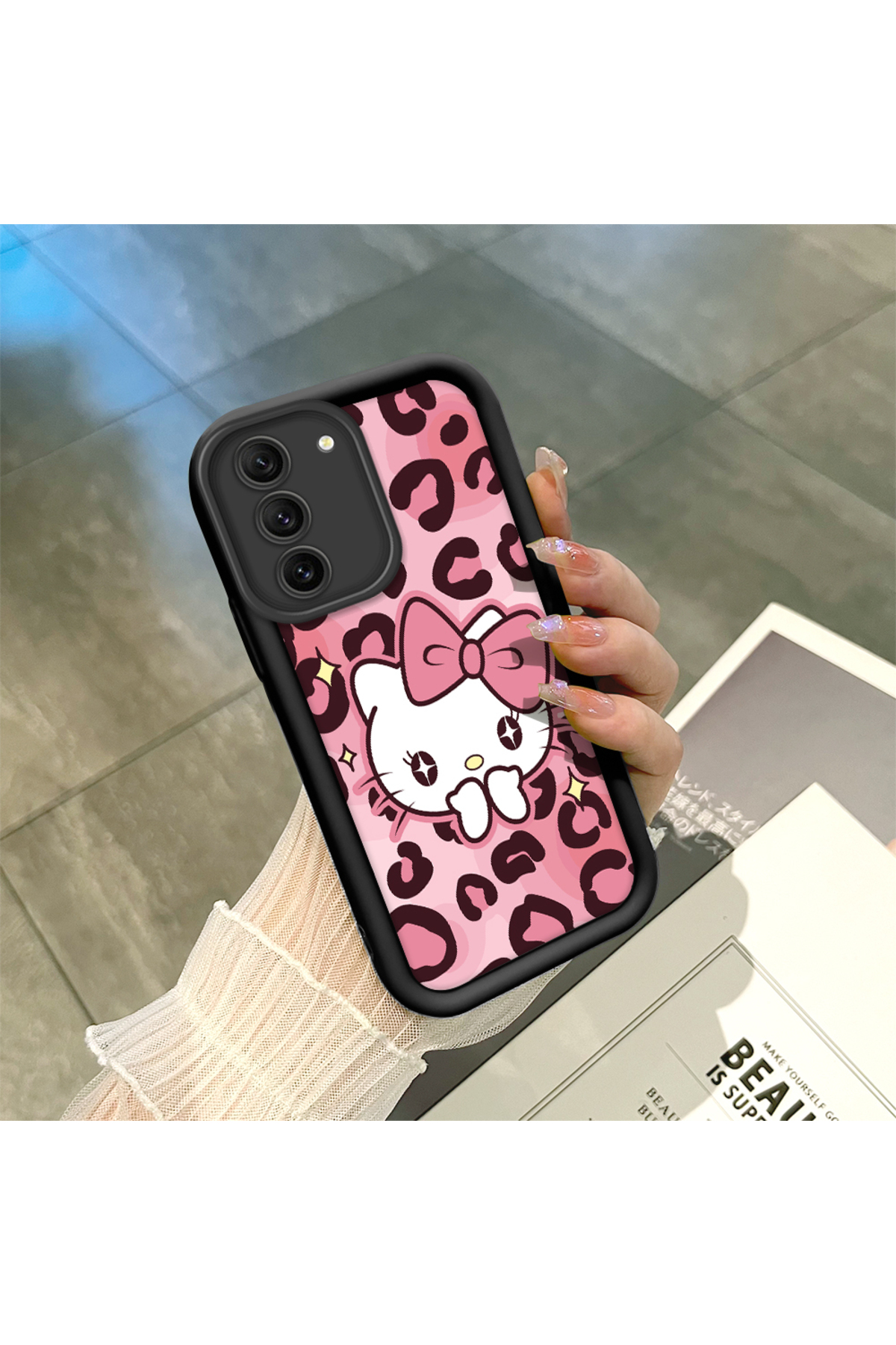 Samsung Galaxy S21 FE Compatible Black High Quality Silicone Leopard Pattern and Kitty Phone Case